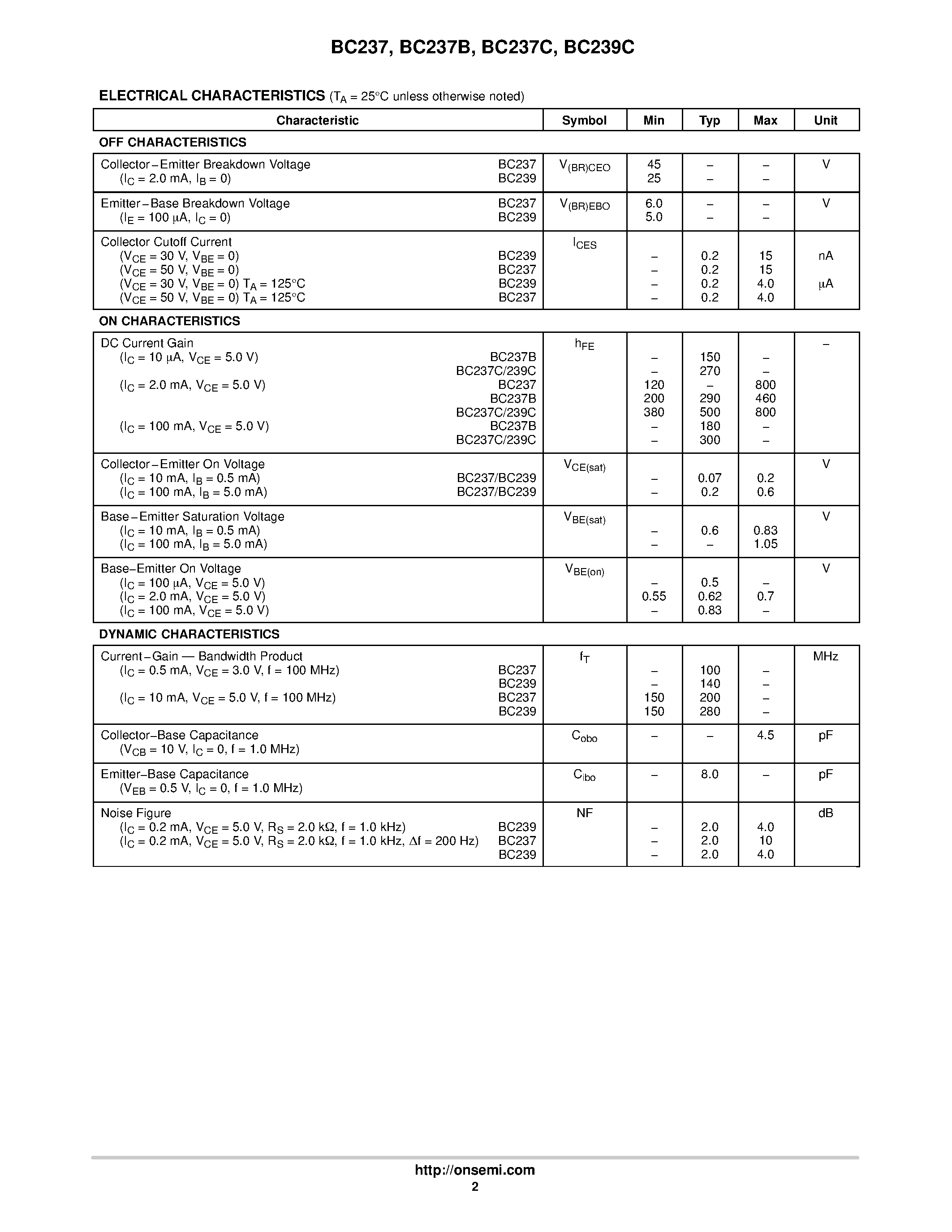 Даташит на микросхему BC237C страница 2 Даташит BC237C - Amplifier Transistors(NPN Silicon) страница 2