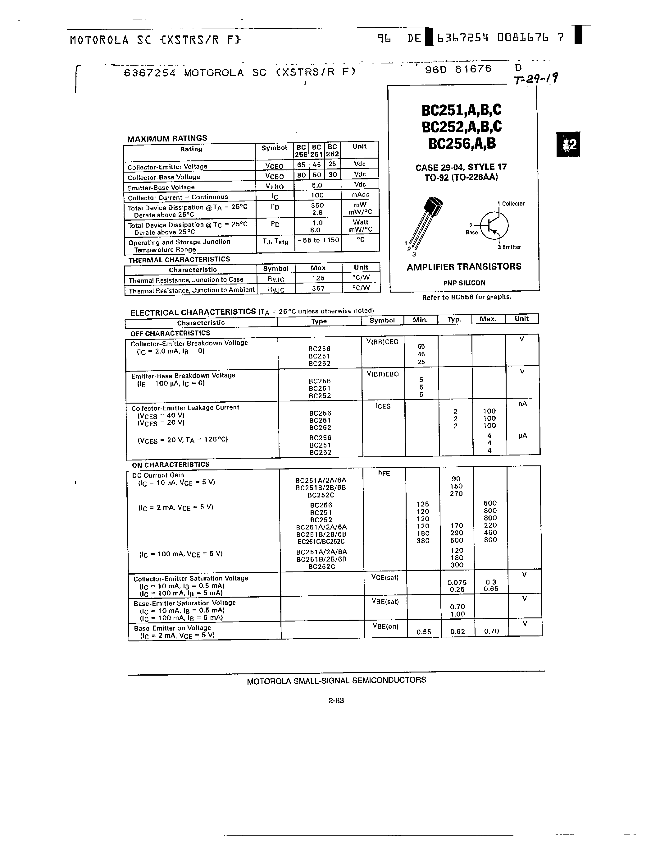 Datasheet BC256A - AMPLIFIER TRANSISTORS PNP SILICON page 1
