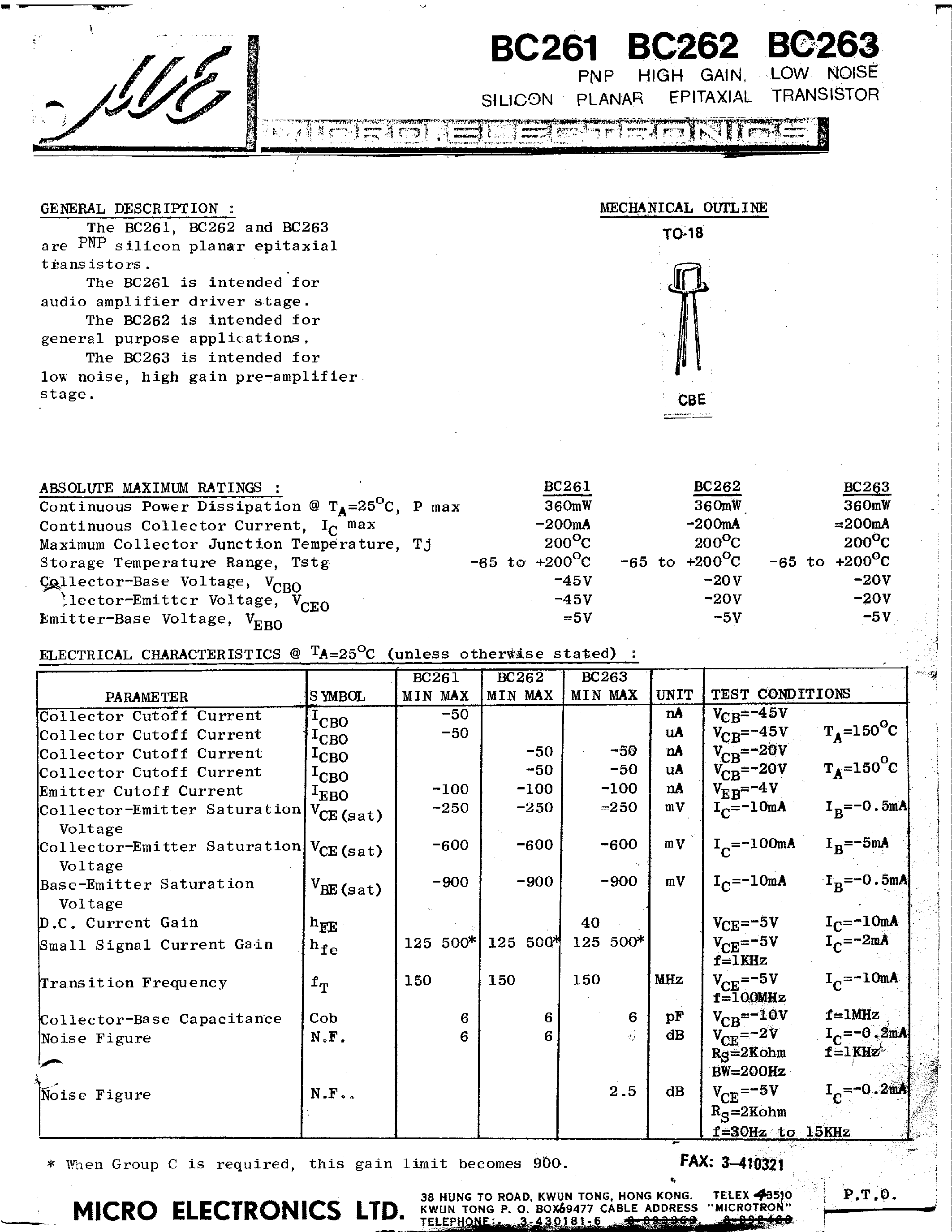 Datasheet BC263 - PNP HIGH GAIN LOW NOISE SILICON PLANAR EPITAXIAL TRANSISTOR page 1