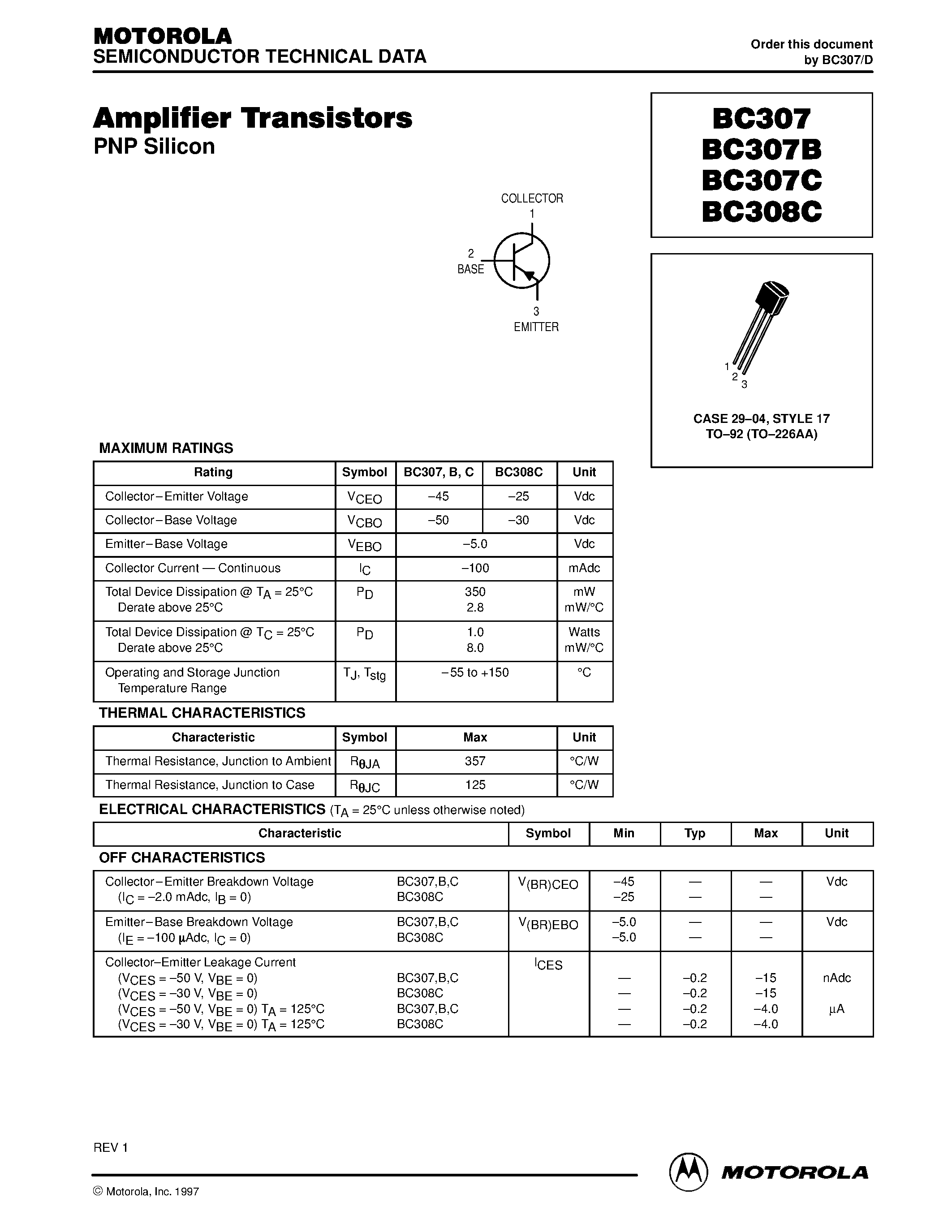 Datasheet BC307 - Amplifier Transistors(PNP Silicon) page 1