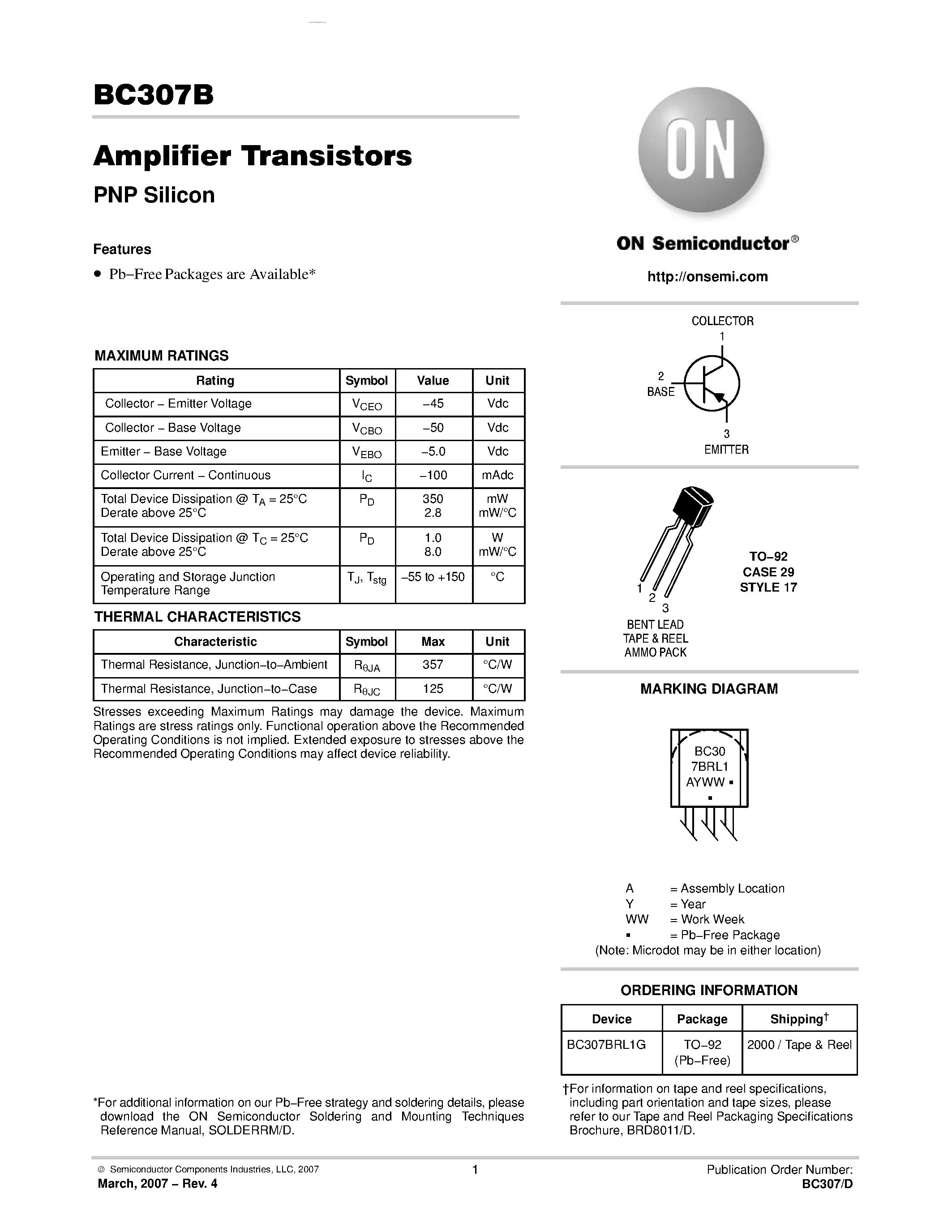 Даташит BC307B - Amplifier Transistors(PNP Silicon) страница 1