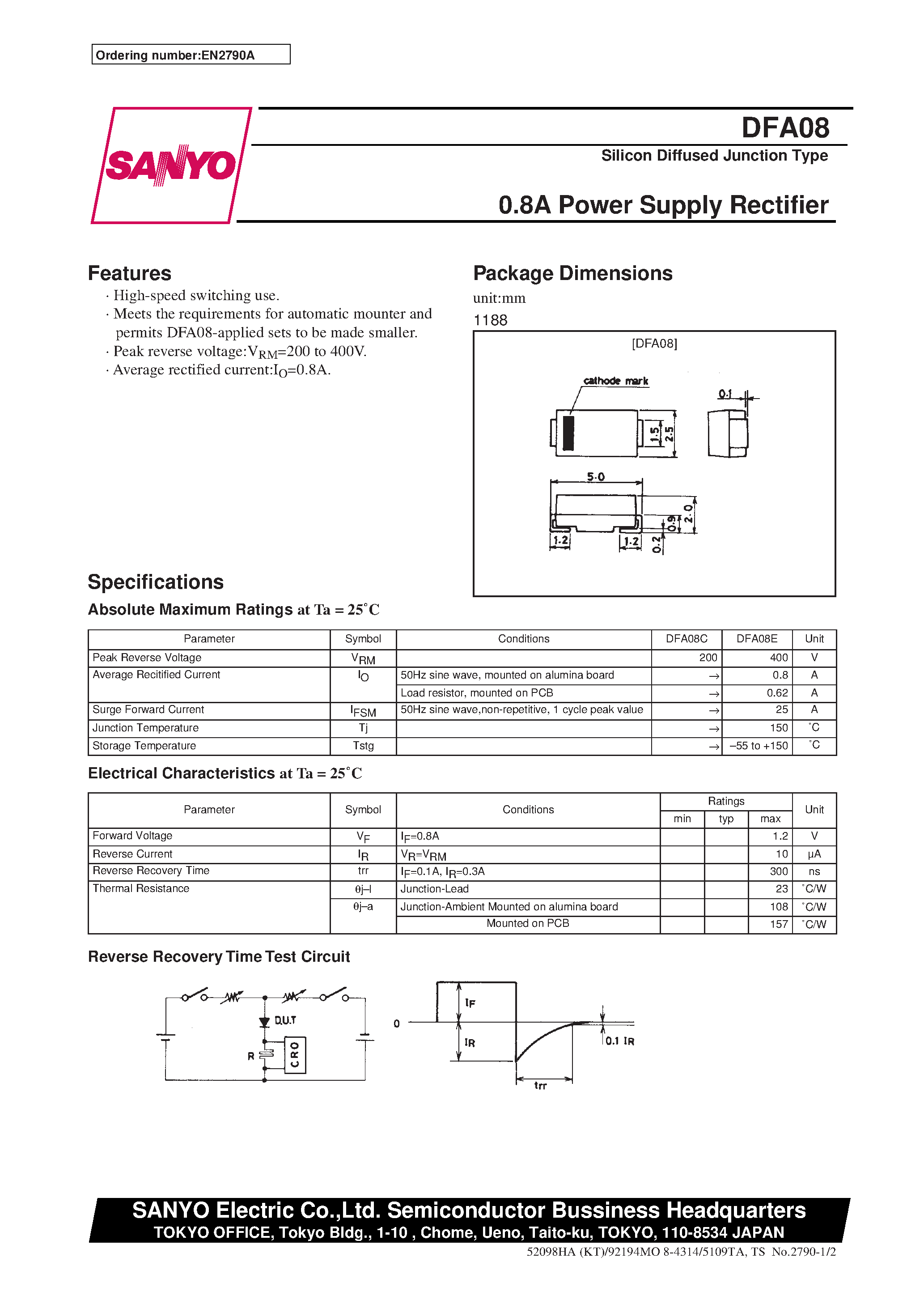 Datasheet DFA08 - 0.8A Power Supply Rectifier page 1
