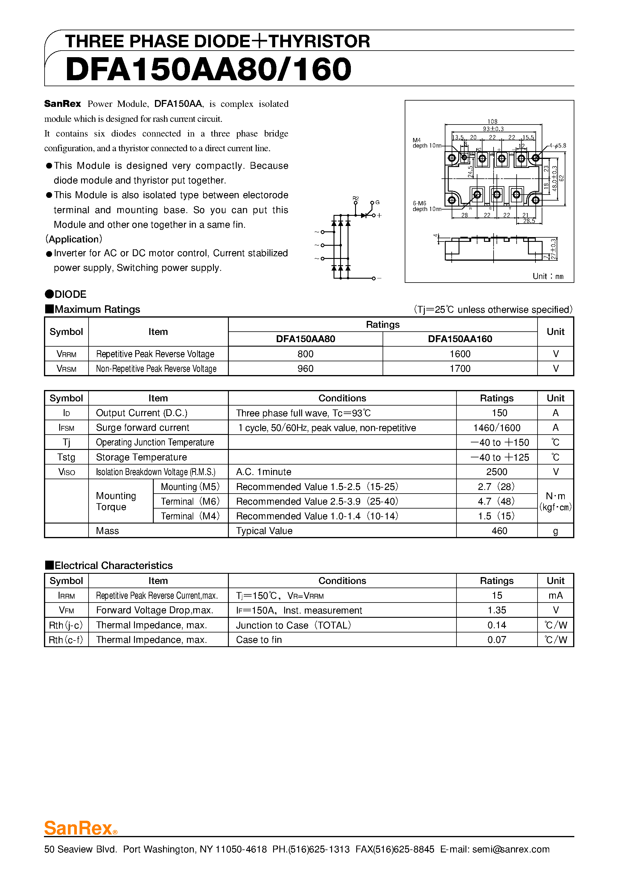 Datasheet DFA150AA160 page 1 Datasheet DFA150AA160 - THREE PHASE DIODETHYRISTOR page 1