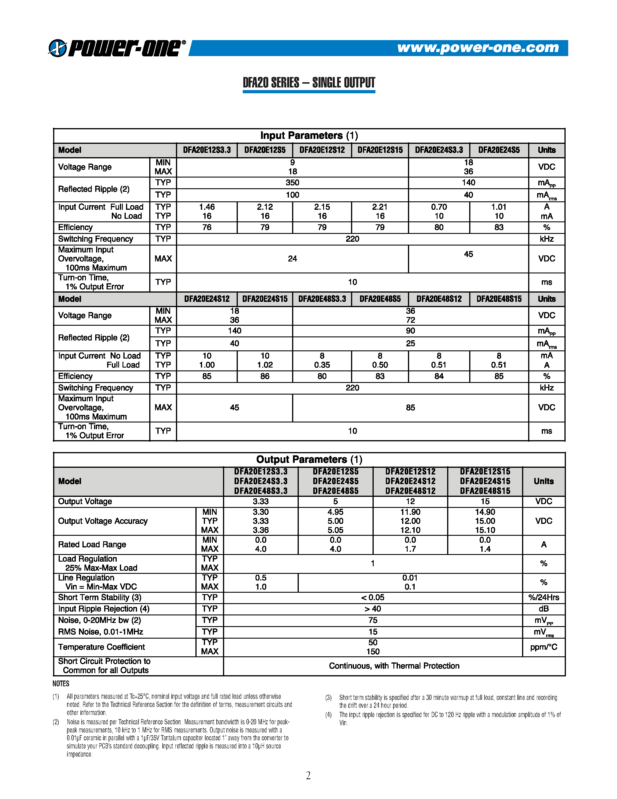 Datasheet DFA20E24S3.3 - SINGLE OUTPUT page 2
