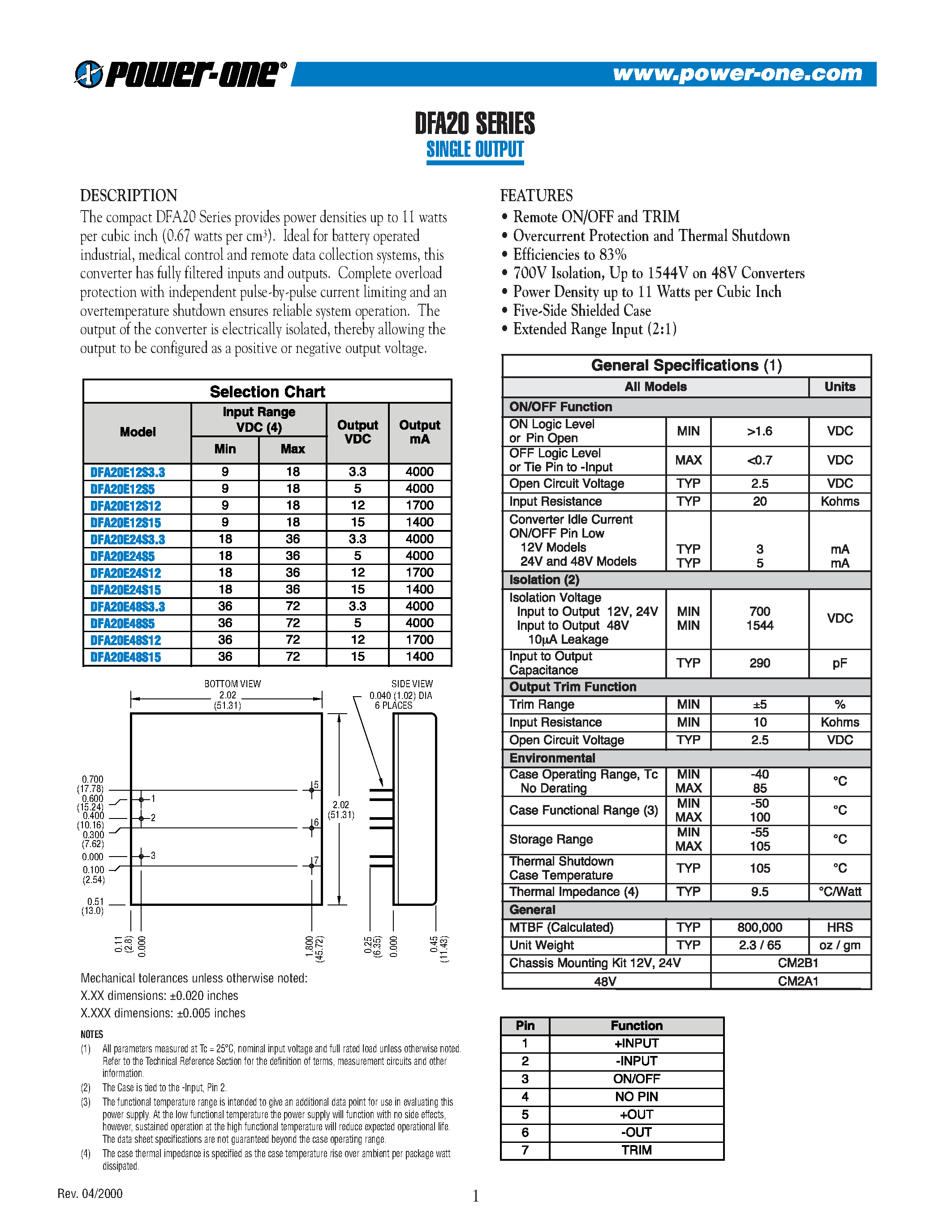 Datasheet DFA20E48S3.3 - SINGLE OUTPUT page 1