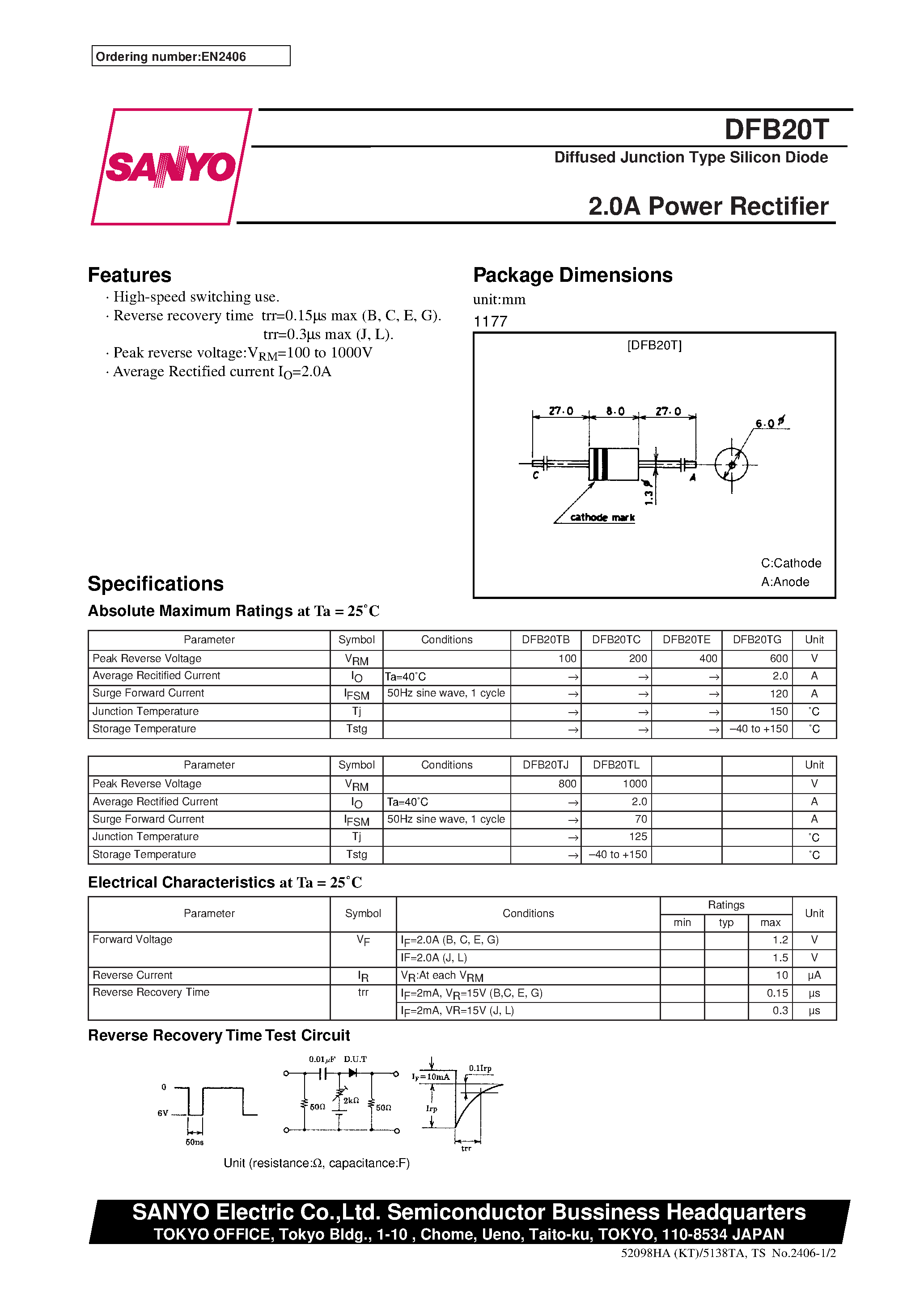 Datasheet DFB20T - 2.0A Power Rectifier page 1