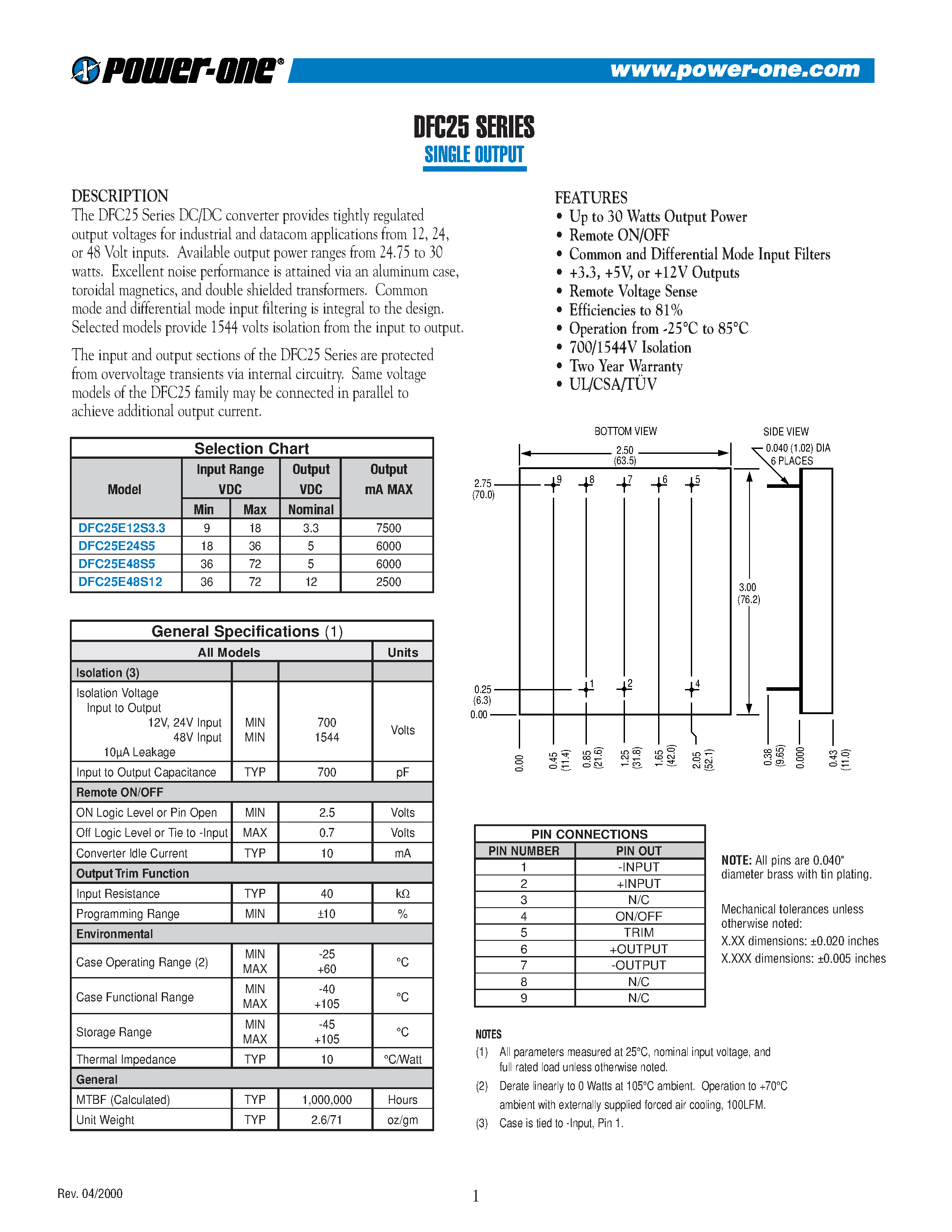 Datasheet DFC25E12S3.3 - SINGLE OUTPUT page 1