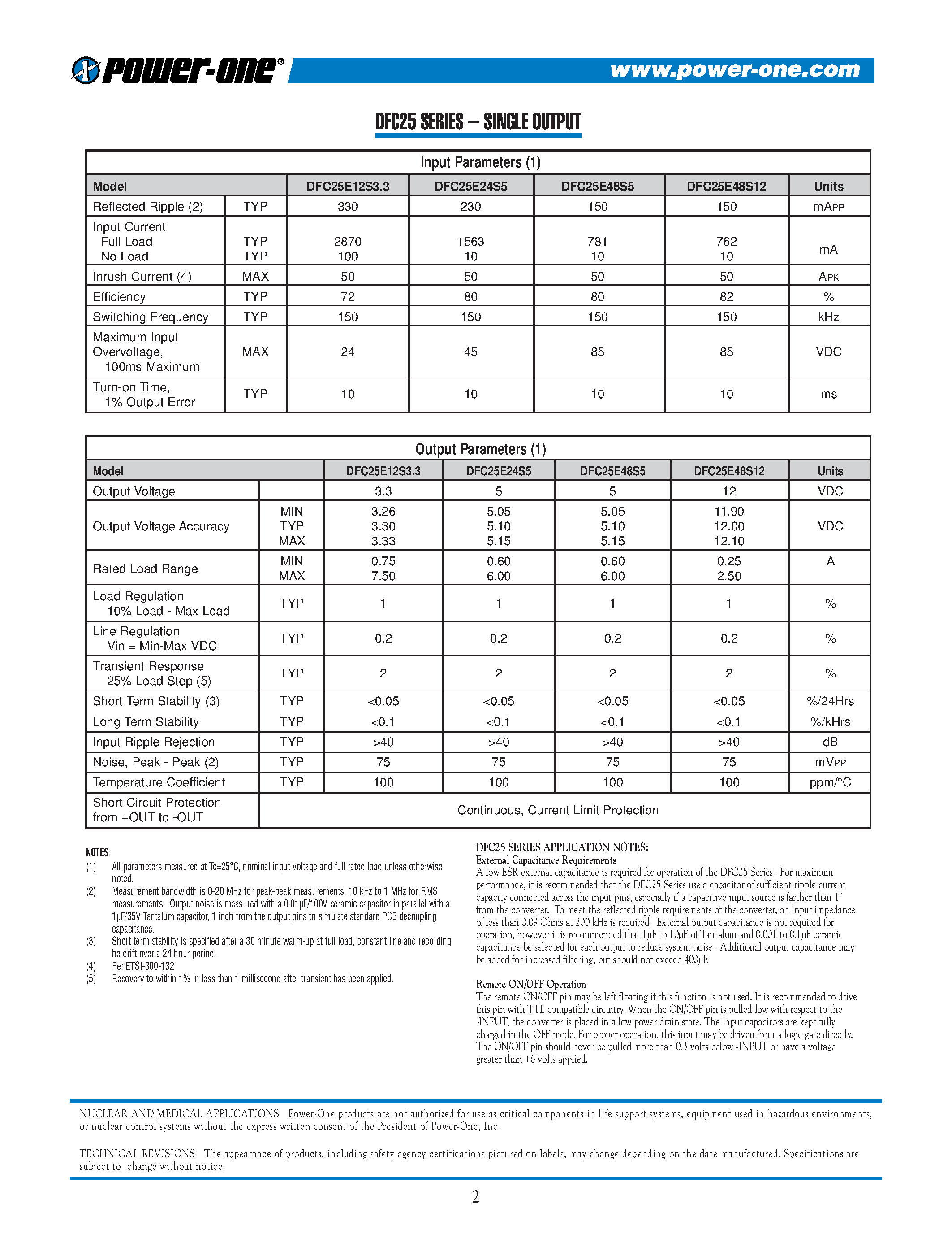 Datasheet DFC25E12S3.3 - SINGLE OUTPUT page 2