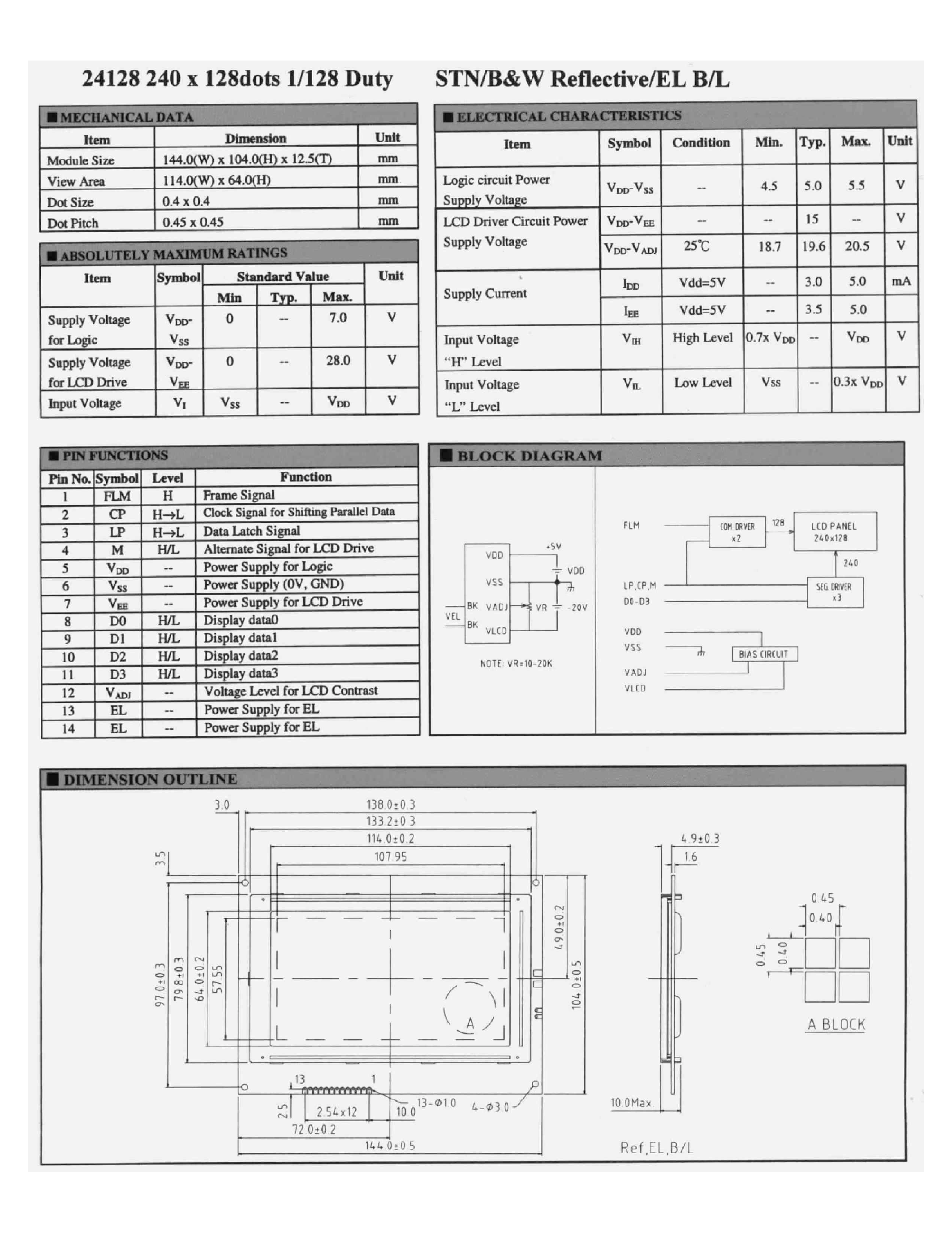 Даташит на микросхему DG-24128 страница 1 Даташит DG-24128 - 24128 240 X 128DOT 1/128 DUTY страница 1