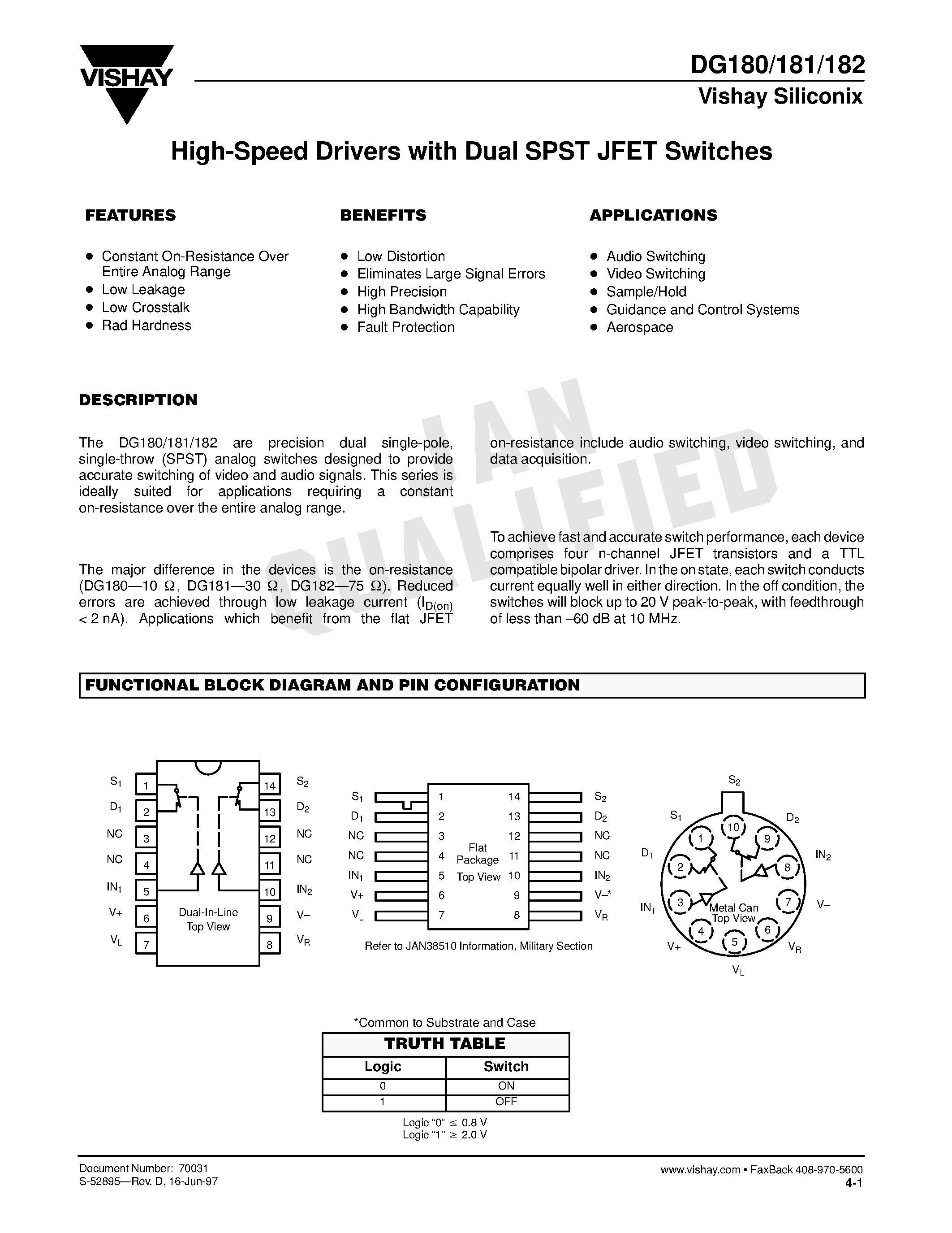 Даташит DG180 - High-Speed Drivers with Dual SPST JFET Switches страница 1