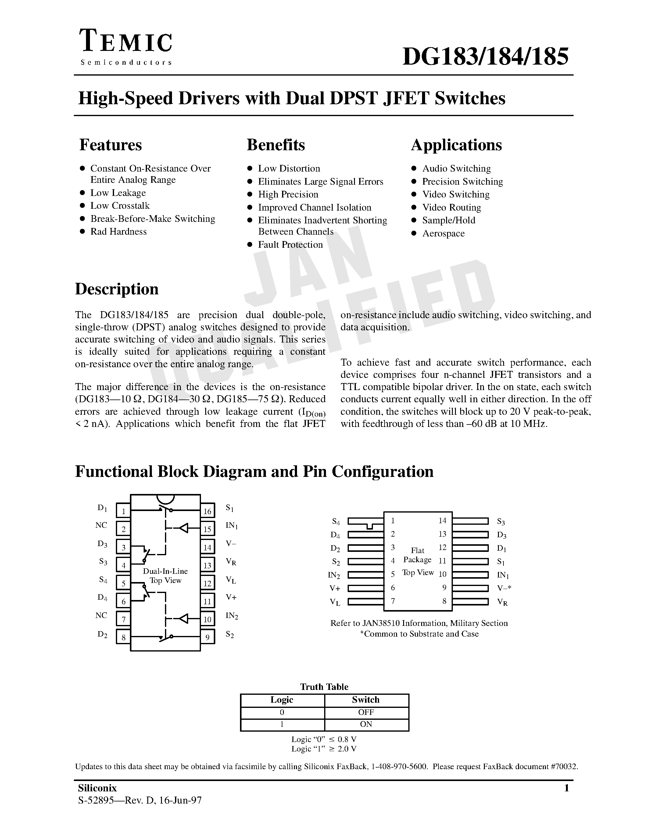 Даташит на микросхему DG184BP страница 1 Даташит DG184BP - High-Speed Drivers with Dual DPST JFET Switches страница 1