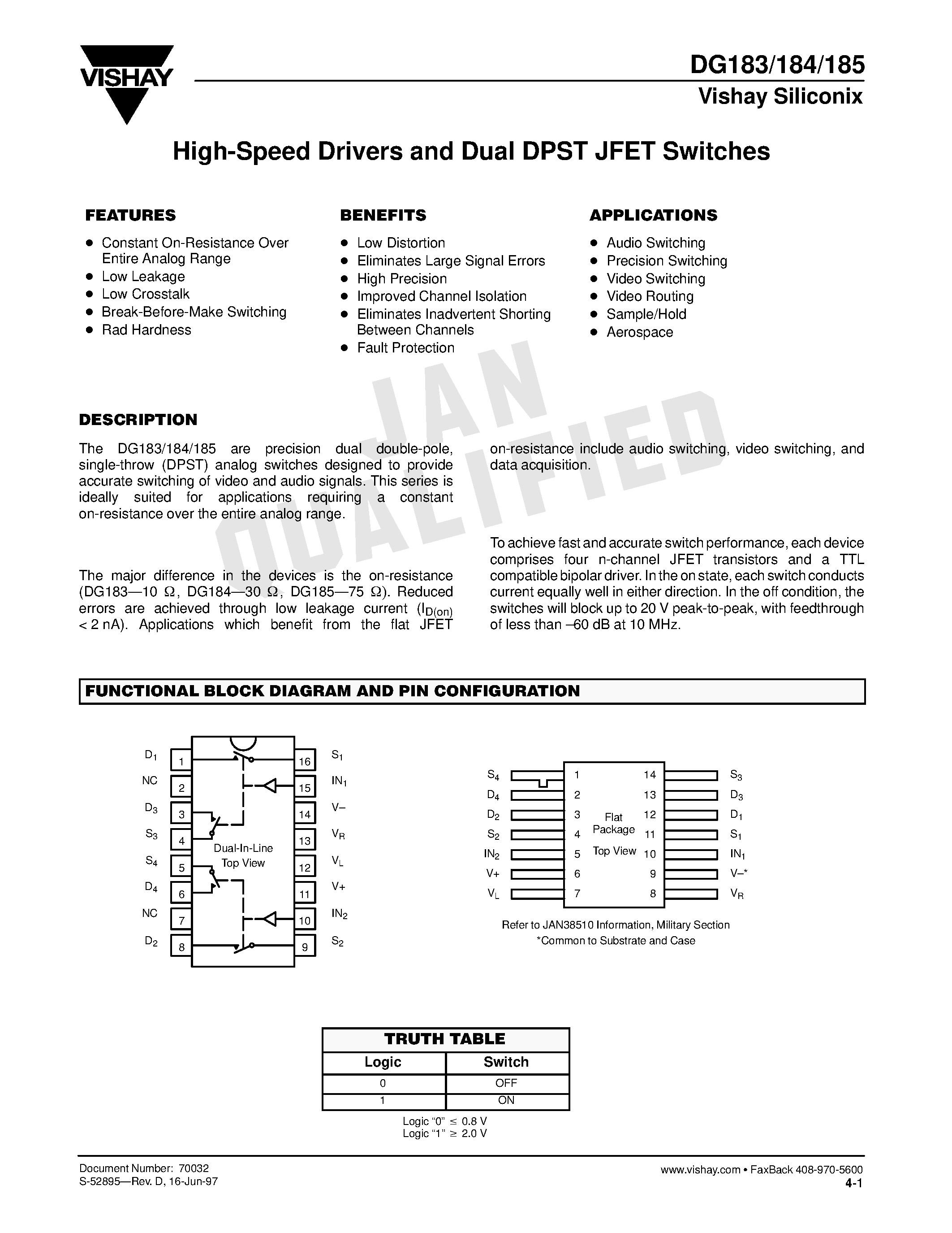 Даташит на микросхему DG185 страница 1 Даташит DG185 - High-Speed Drivers and Dual DPST JFET Switches страница 1