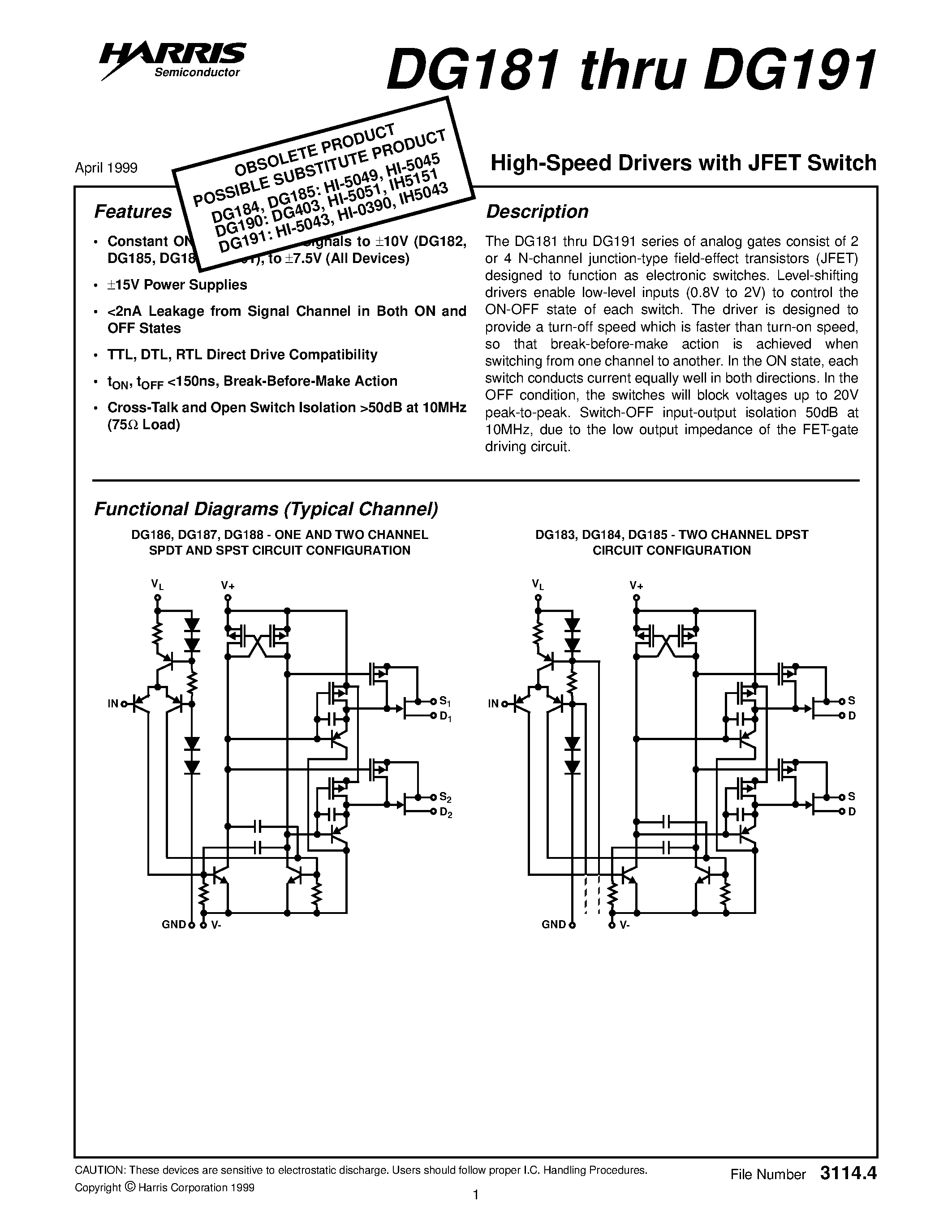 Даташит на микросхему DG187AP страница 1 Даташит DG187AP - High-Speed Drivers with JFET Switch страница 1