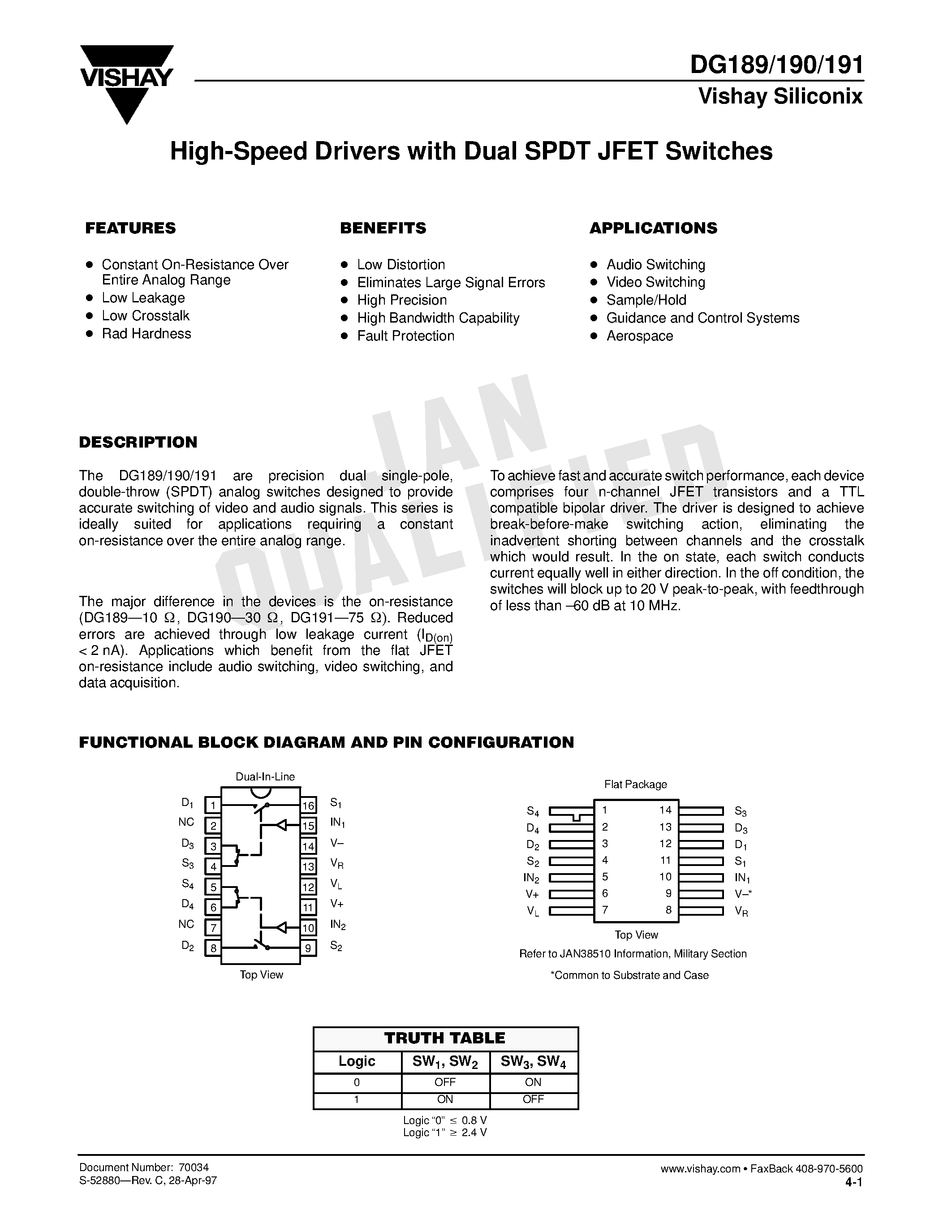 Даташит DG191 - High-Speed Drivers with Dual SPDT JFET Switches страница 1