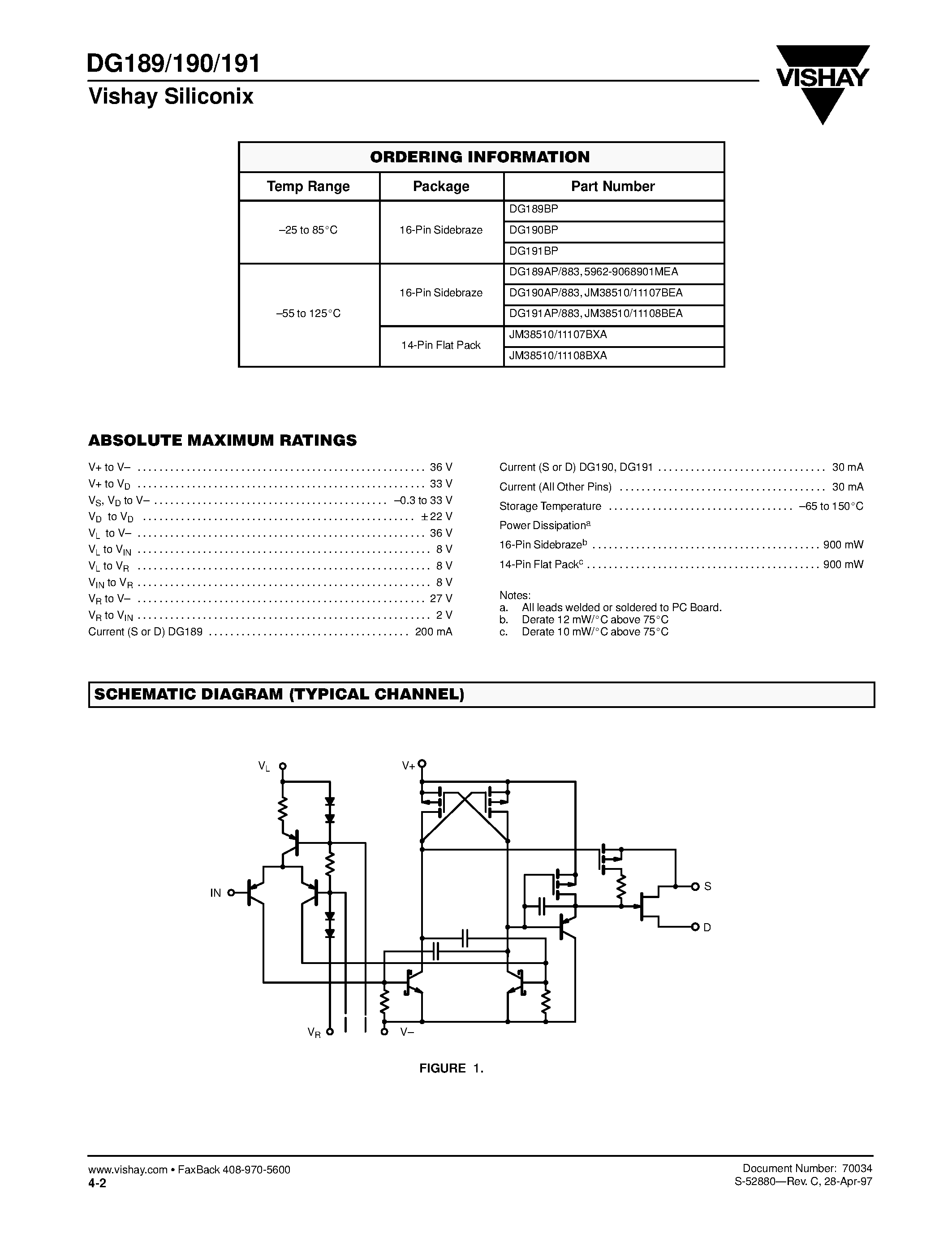 Даташит DG191 - High-Speed Drivers with Dual SPDT JFET Switches страница 2