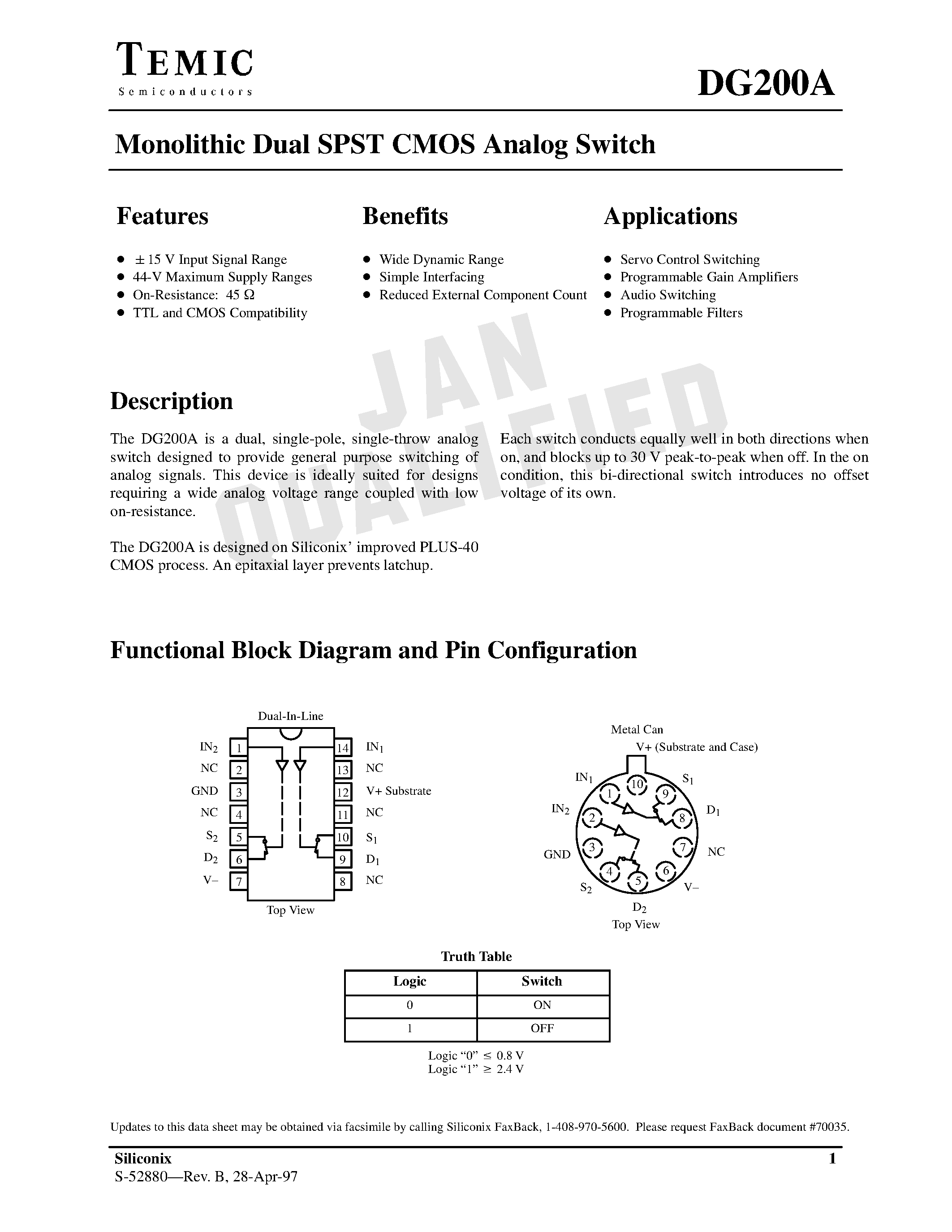 Даташит на микросхему DG200A страница 1 Даташит DG200A - Monolithic Dual SPST CMOS Analog Switch страница 1