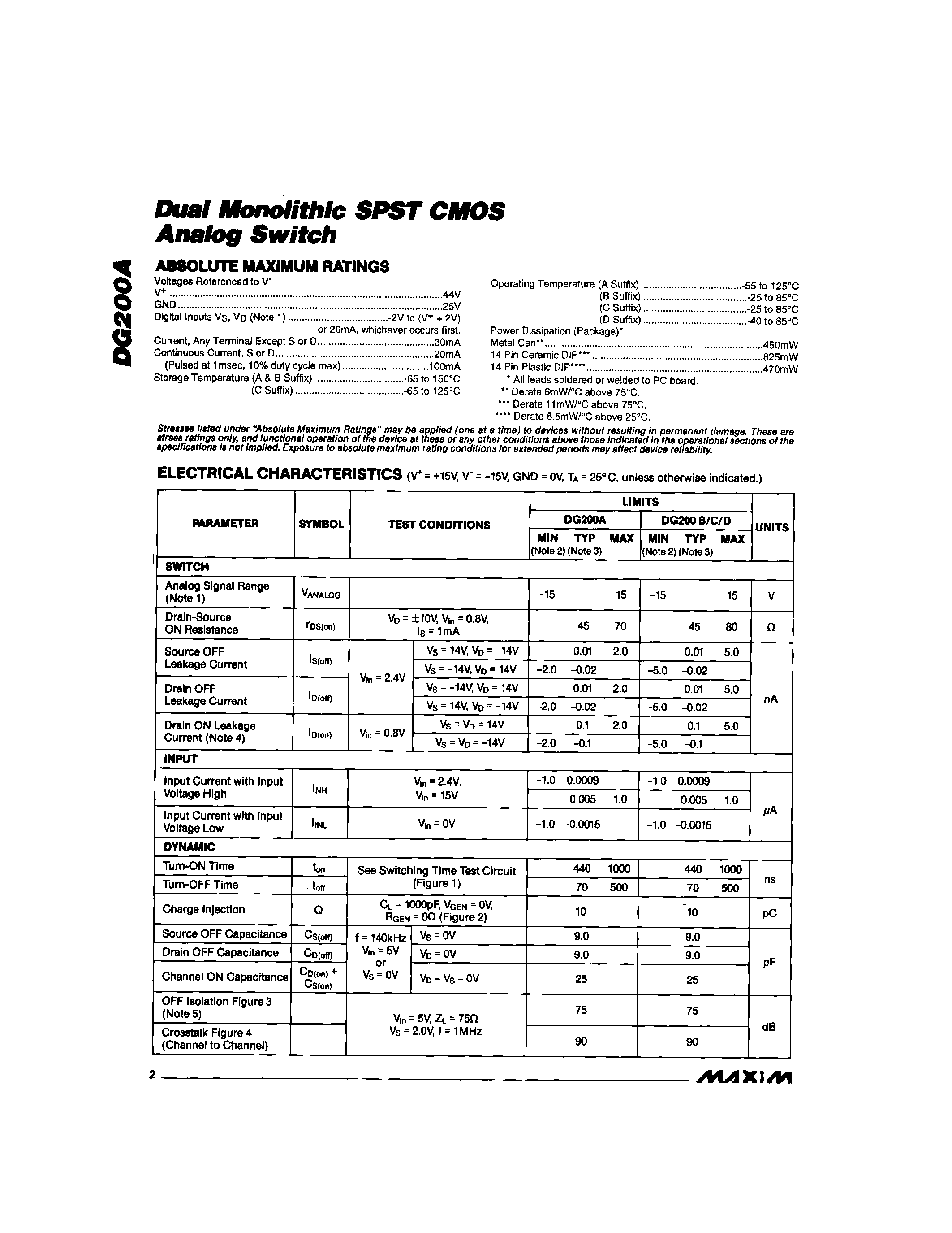 Даташит на микросхему DG200AC/D страница 2 Даташит DG200AC/D - Dual Monolithic SPST CMOS Analog Switch страница 2