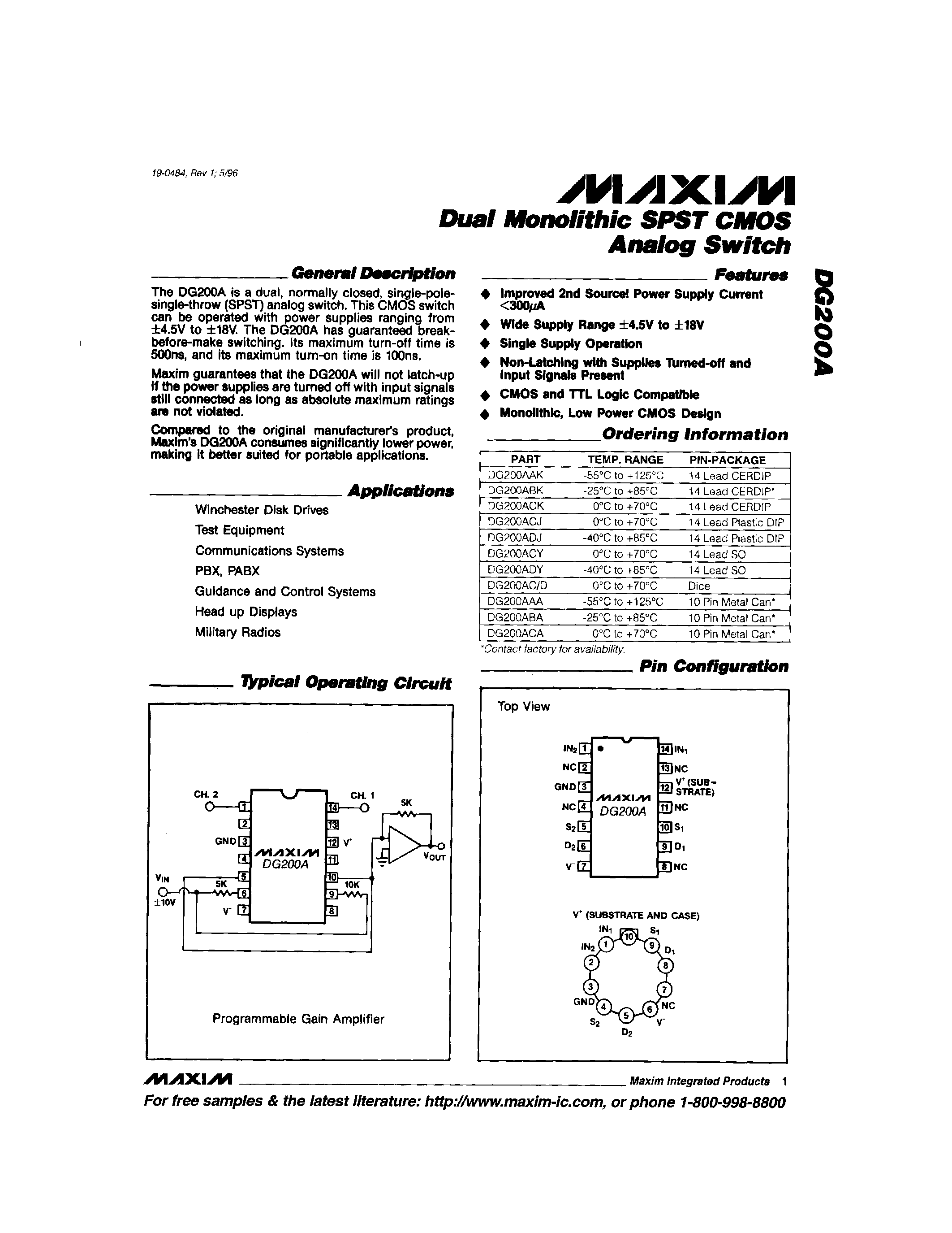 Даташит DG200ACJ - Dual Monolithic SPST CMOS Analog Switch страница 1