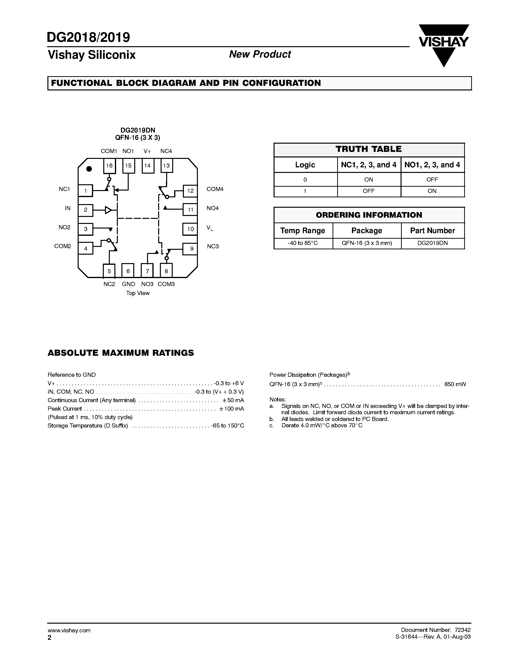 Даташит на микросхему DG2019DN страница 2 Даташит DG2019DN - Low Voltage / Dual DPDT and Quad SPDT Analog Switches страница 2