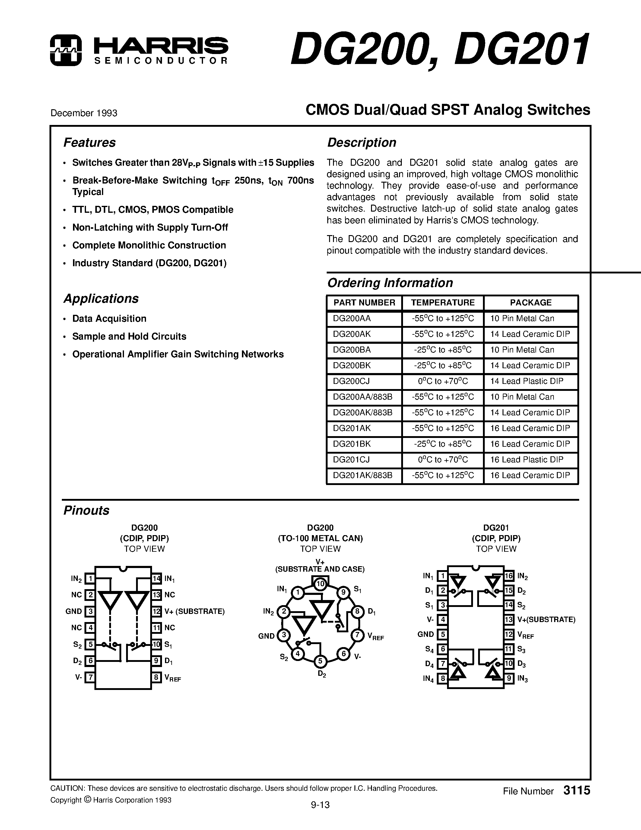 Даташит на микросхему DG201AK страница 1 Даташит DG201AK - CMOS Dual/Quad SPST Analog Switches страница 1