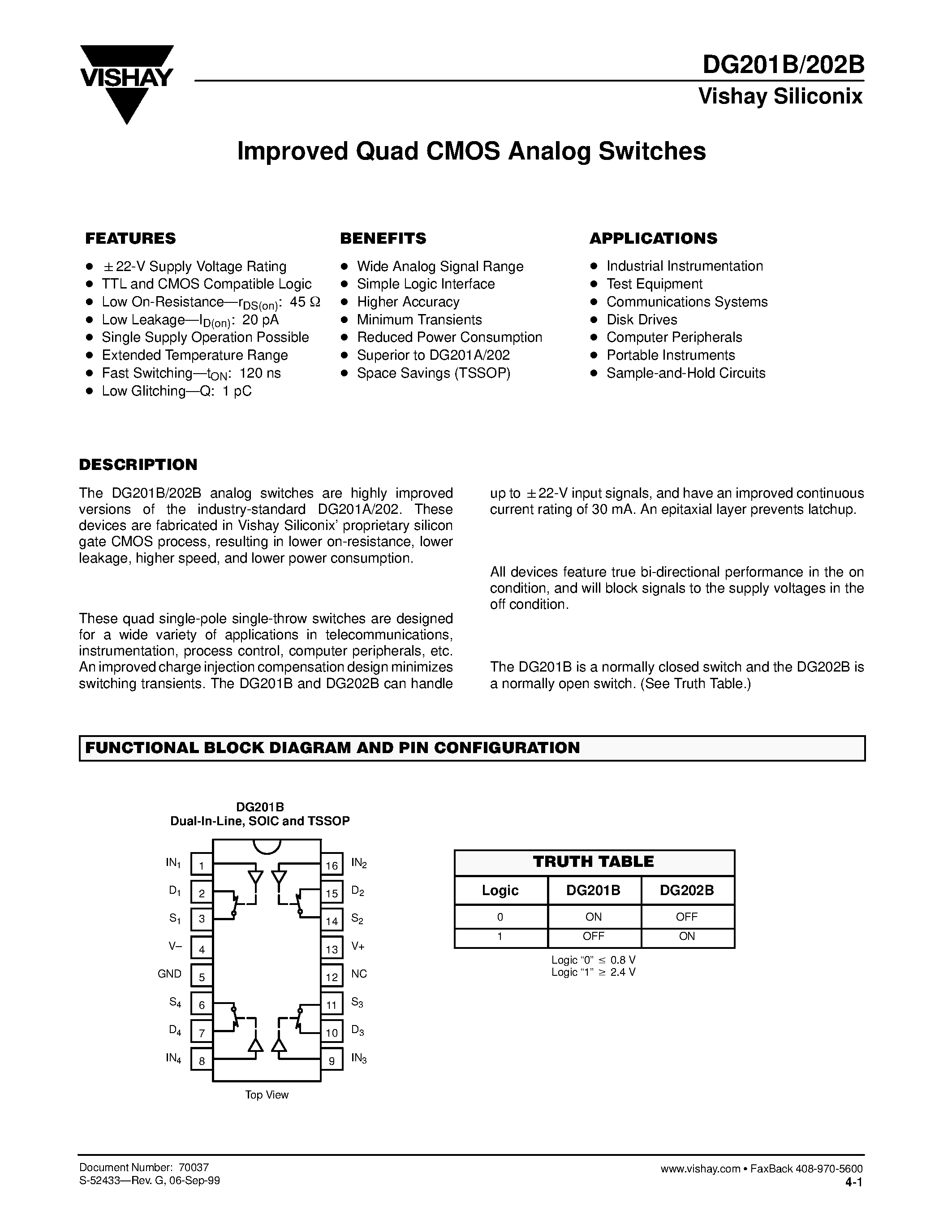 Даташит DG201BAK - Improved Quad CMOS Analog Switches страница 1