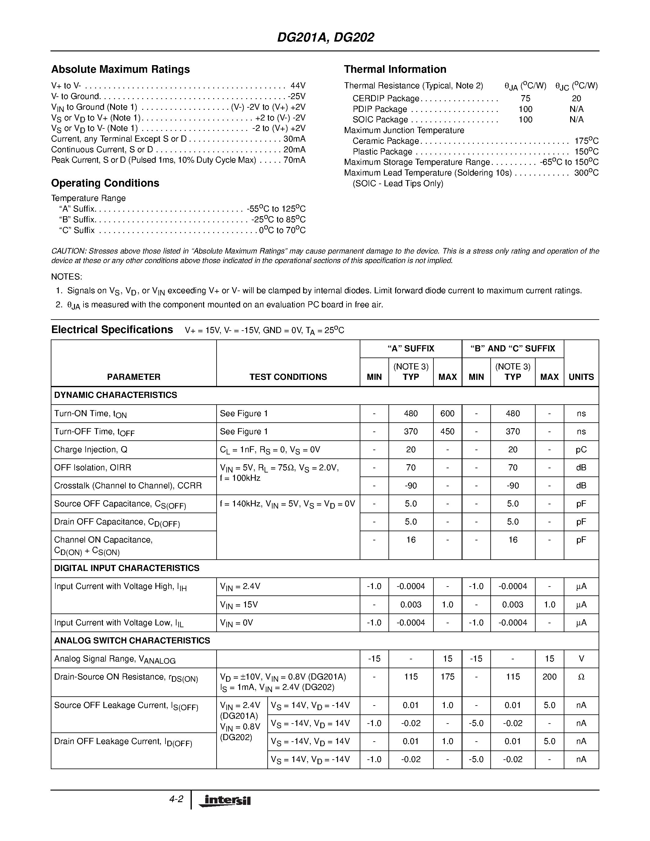 Даташит DG202CJ - Quad SPST / CMOS Analog Switches страница 2