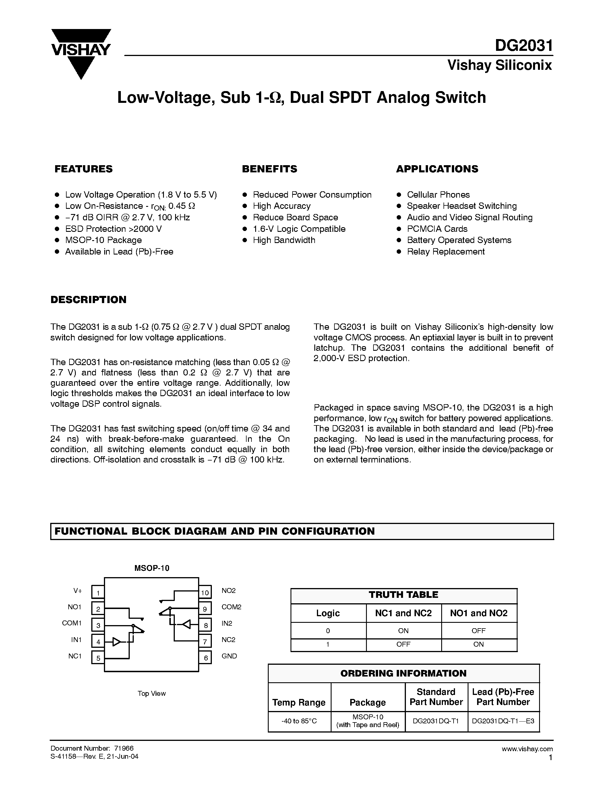 Даташит на микросхему DG2031 страница 1 Даташит DG2031 - Low-Voltage / Sub 1 / Dual SPDT Analog Switch страница 1