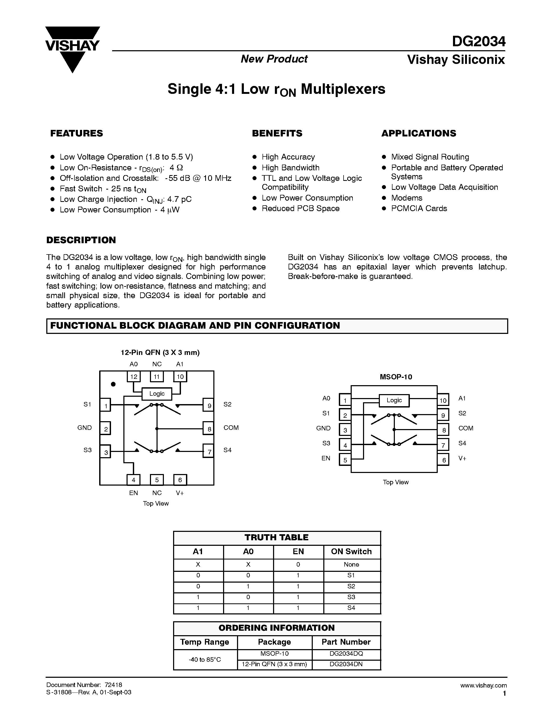 Datasheet DG2034 - Single 4:1 Low rON Multiplexers page 1
