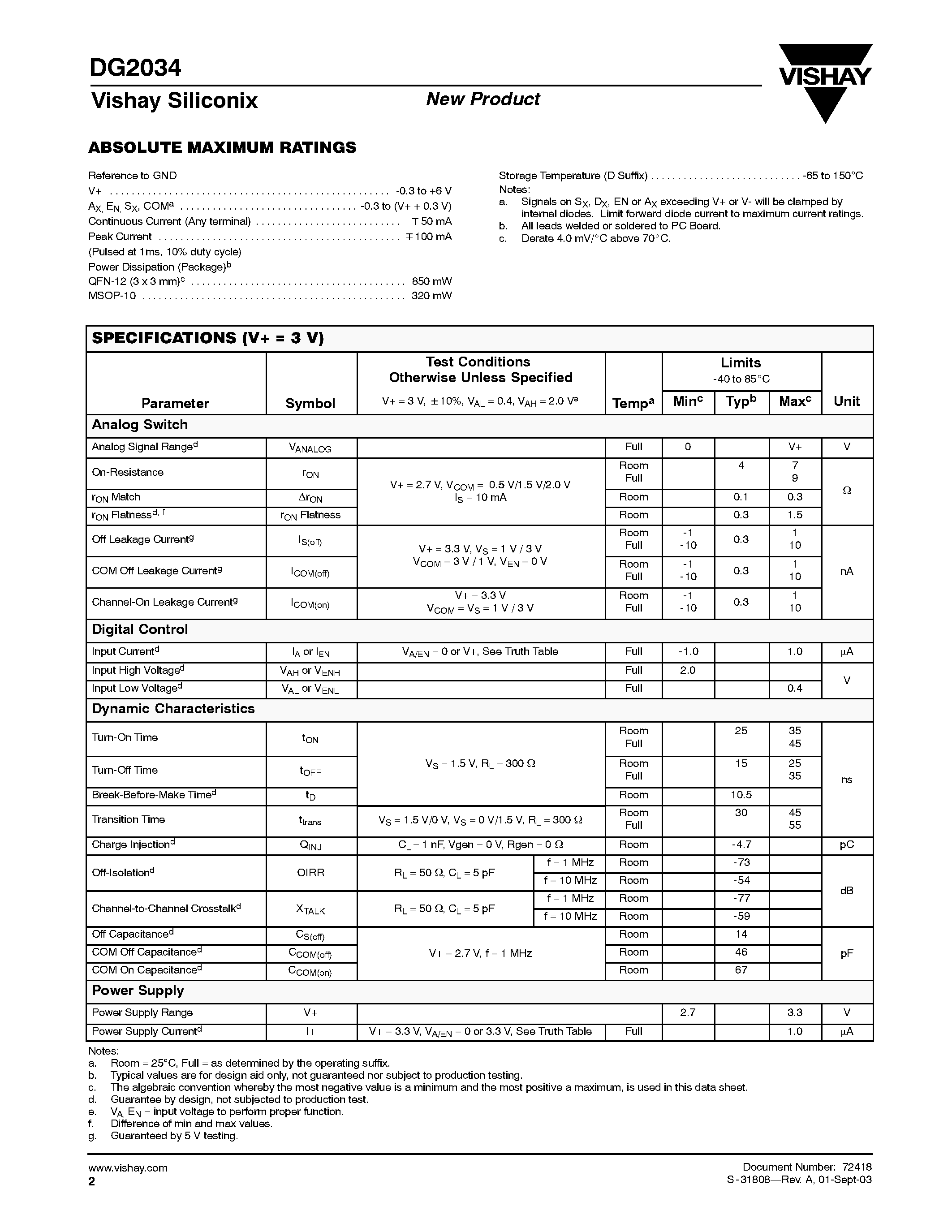 Datasheet DG2034DN - Single 4:1 Low rON Multiplexers page 2