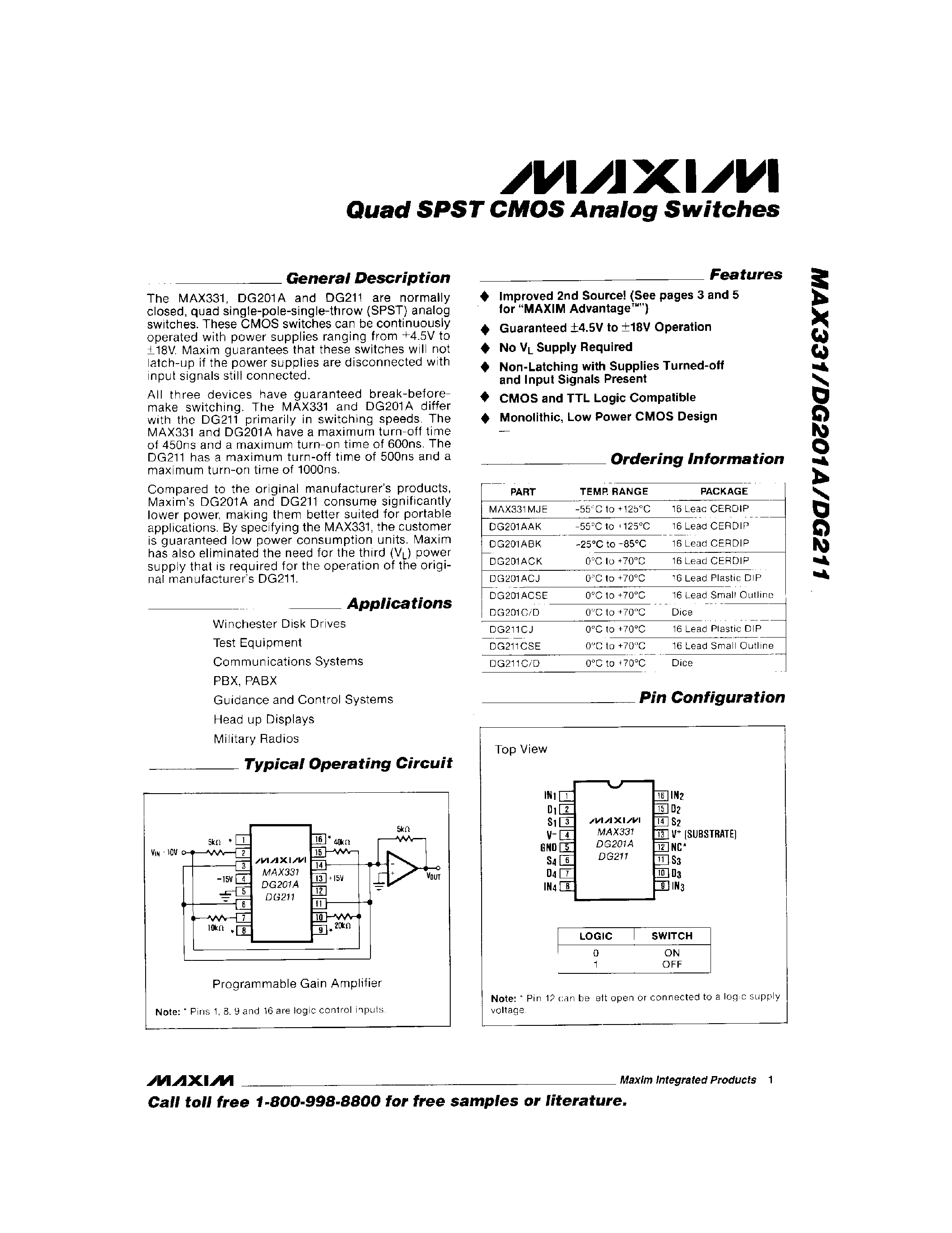 Даташит DG211 - Quad SPST CMOS Analog Switches страница 1
