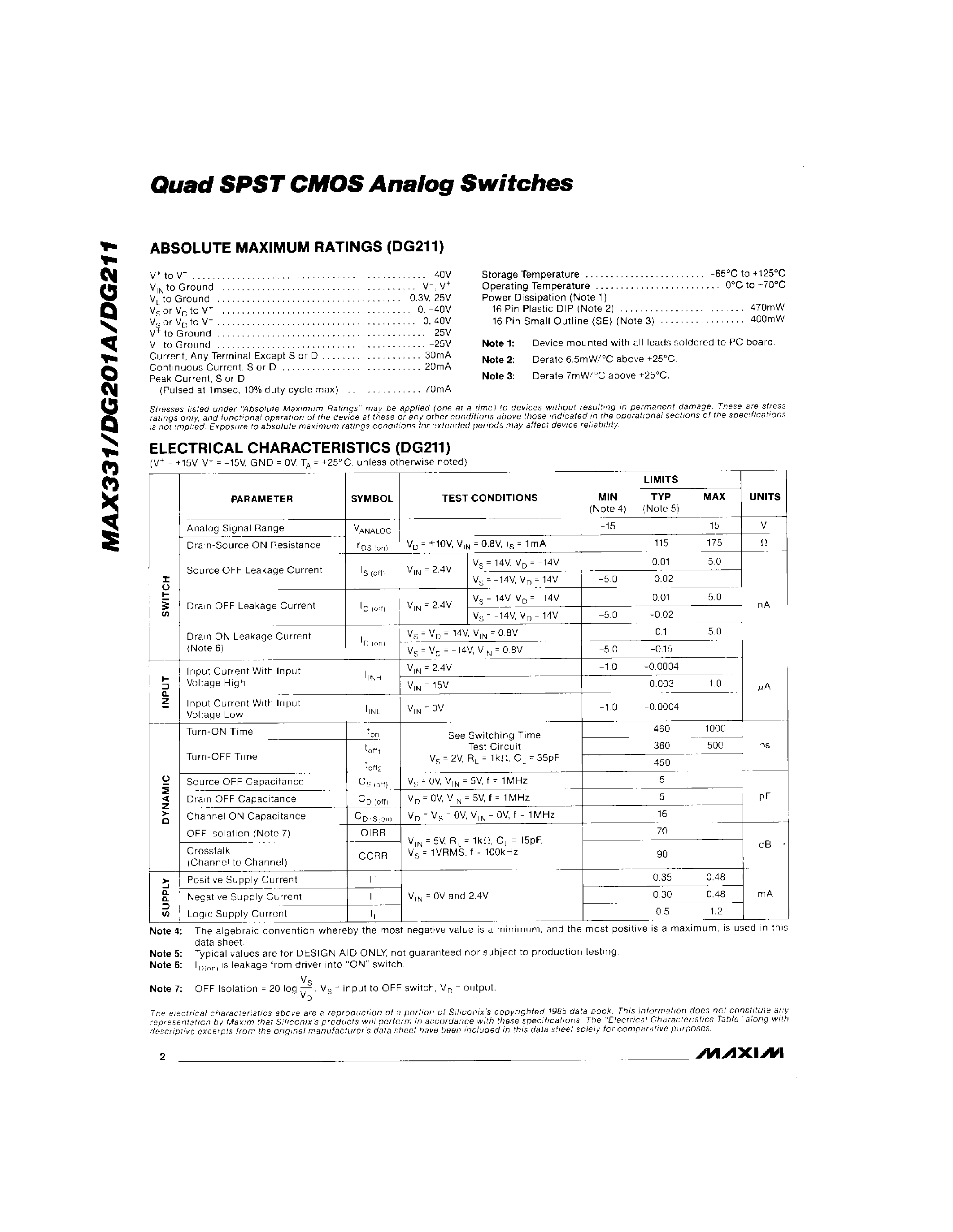 Даташит DG211 - Quad SPST CMOS Analog Switches страница 2
