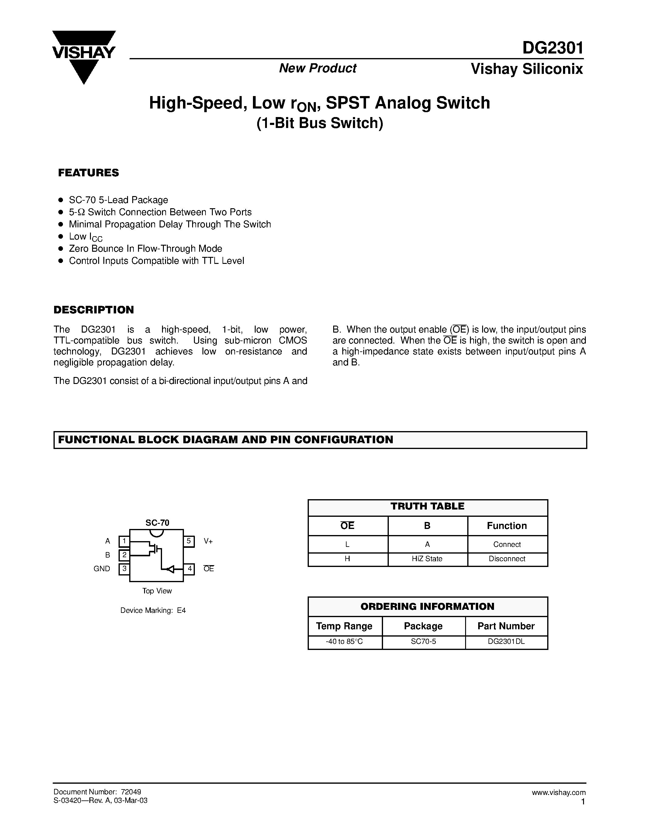 Даташит на микросхему DG2301 страница 1 Даташит DG2301 - High-Speed / Low rON / SPST Analog Switch страница 1