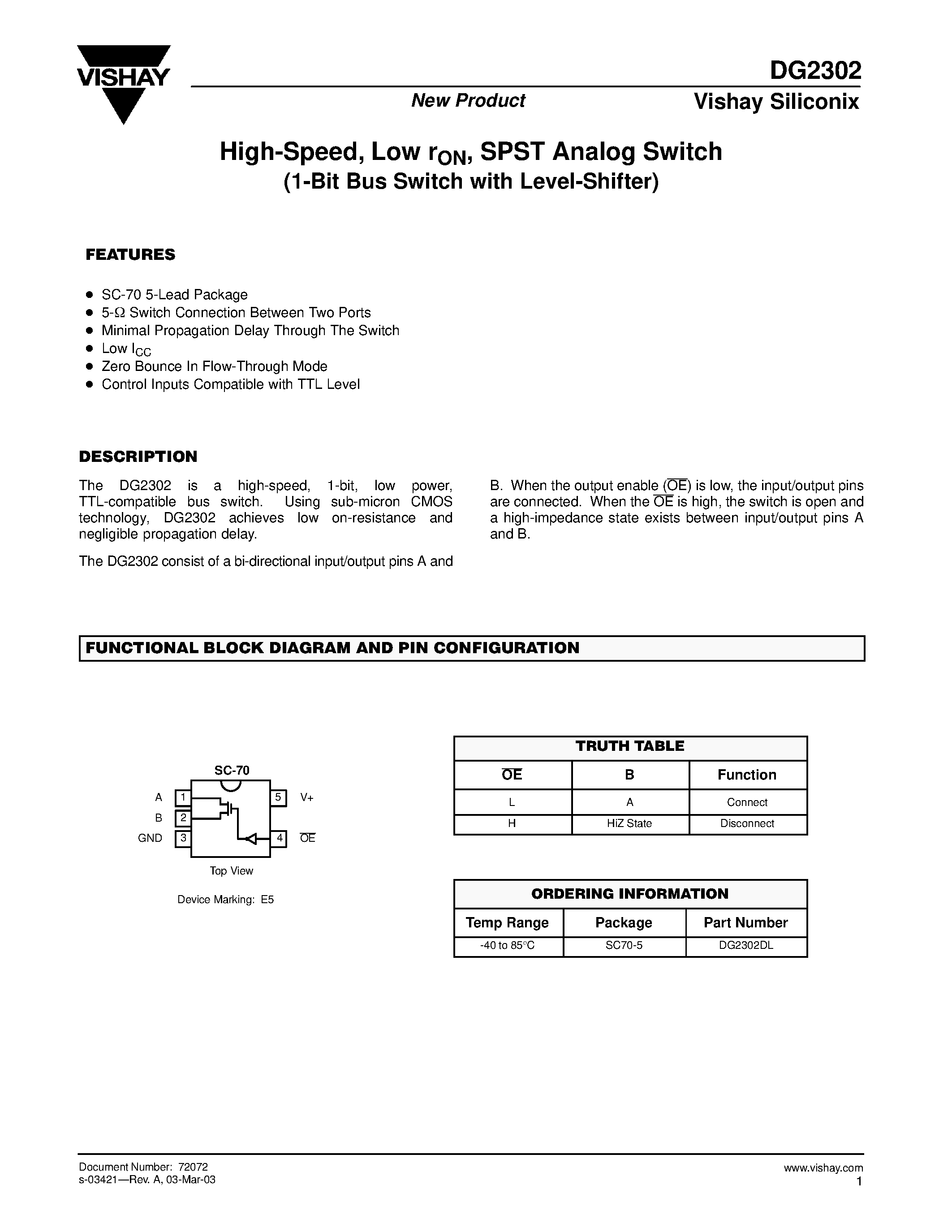 Даташит на микросхему DG2302 страница 1 Даташит DG2302 - High-Speed / Low rON / SPST Analog Switch страница 1