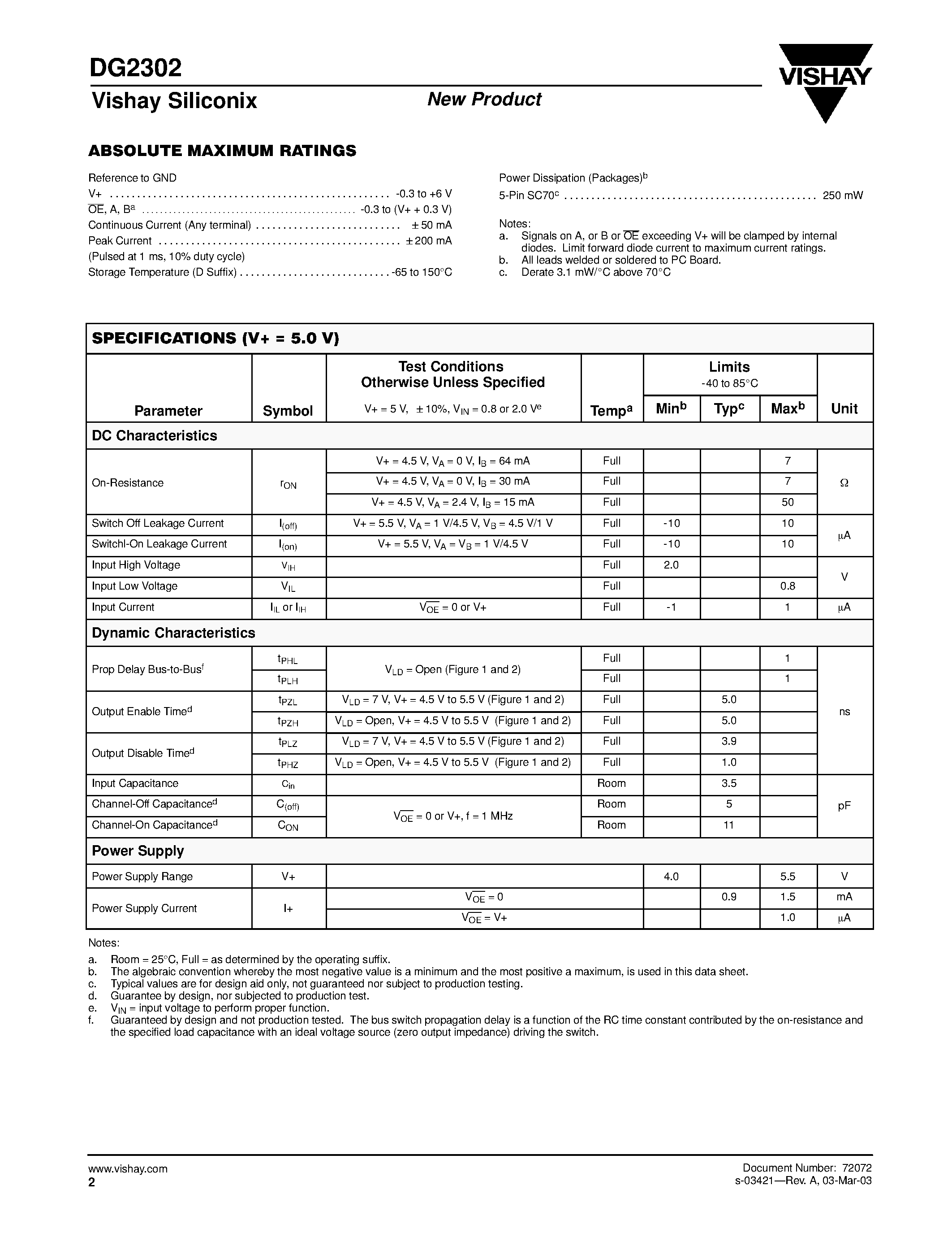 Даташит на микросхему DG2302DL страница 2 Даташит DG2302DL - High-Speed / Low rON / SPST Analog Switch страница 2