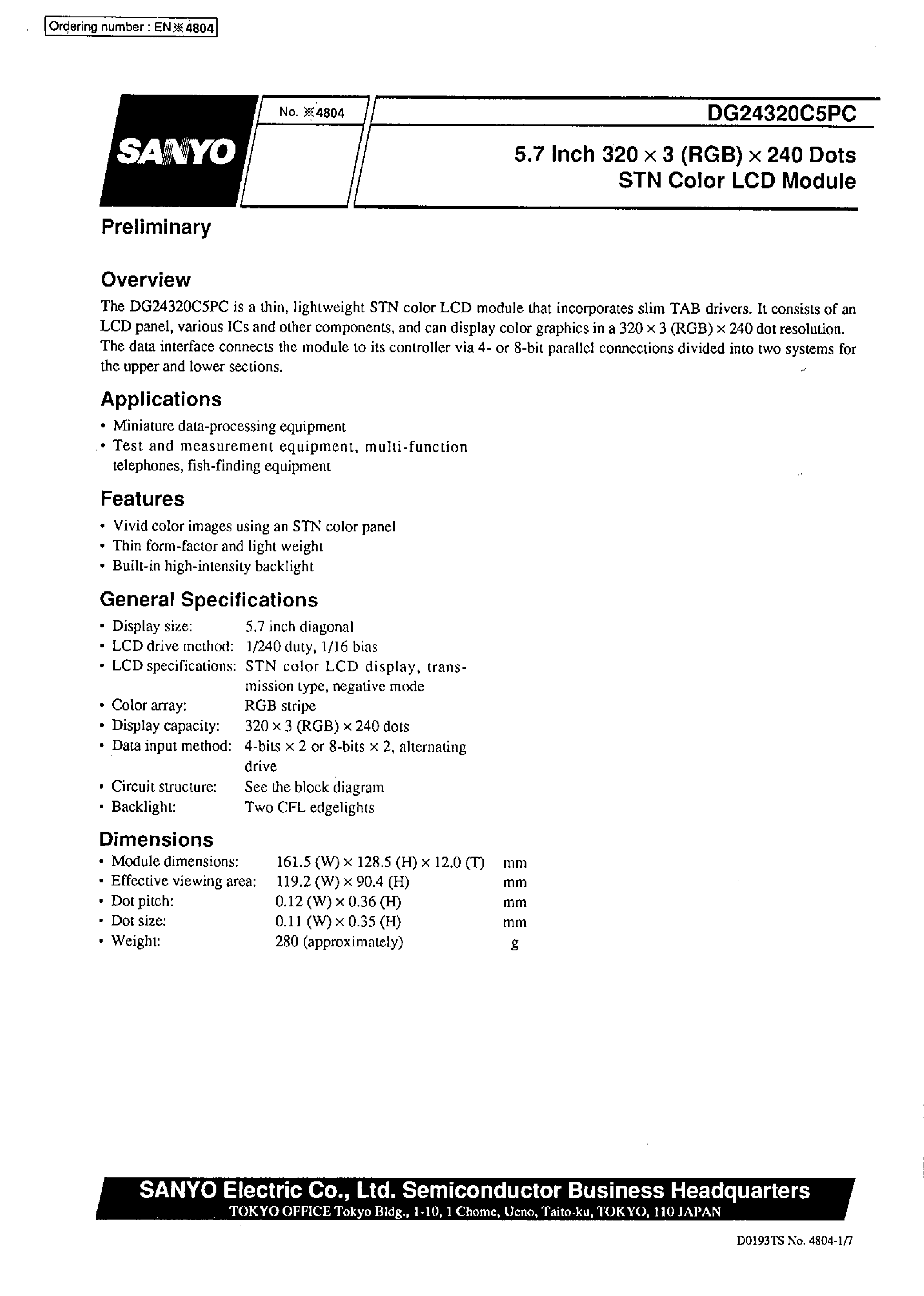 Datasheet DG24320C5PC - 5.7 Inch 320 x 3 (RGB) x 240 Dots STN Color LCD Module page 1