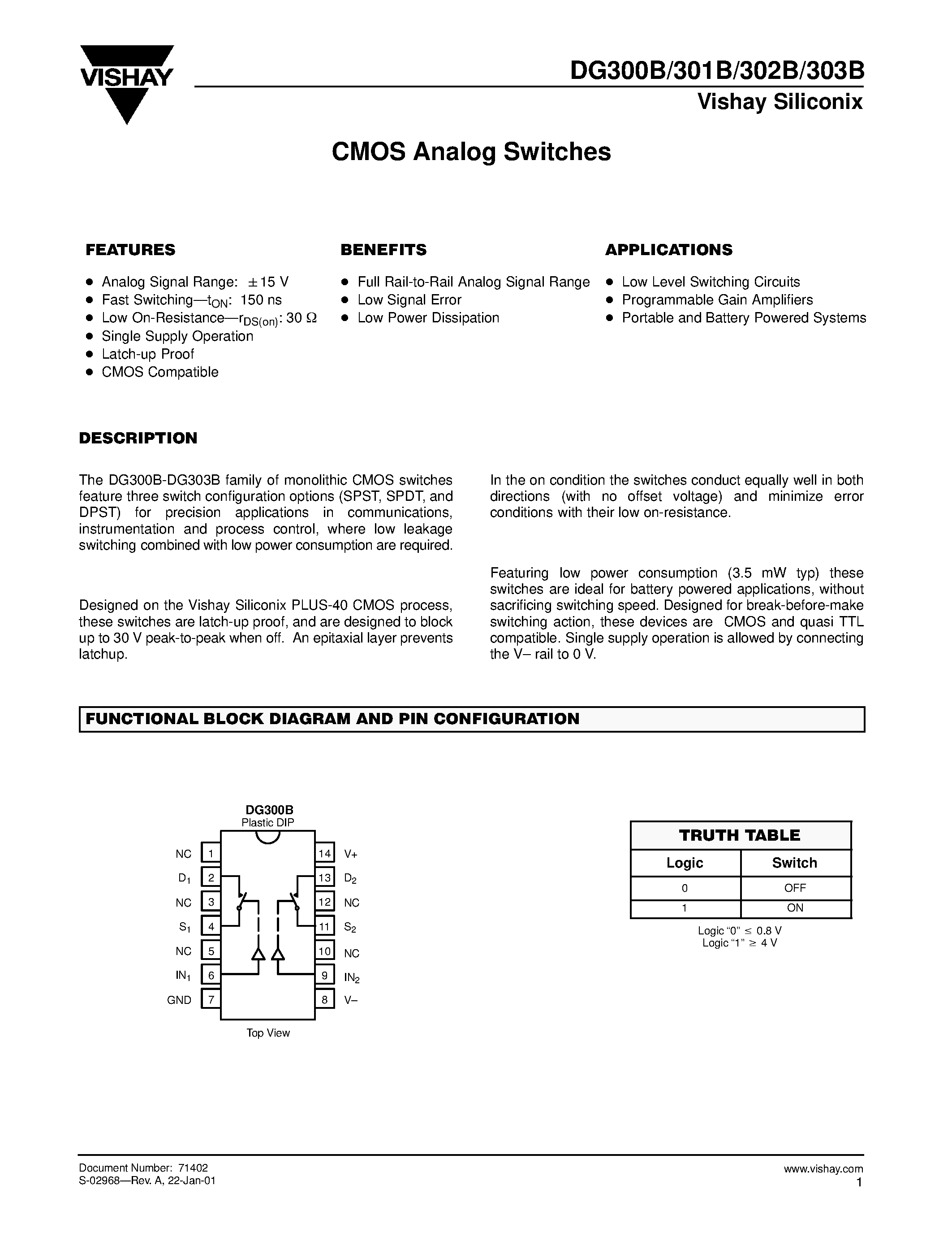Даташит DG301B - CMOS Analog Switches страница 1