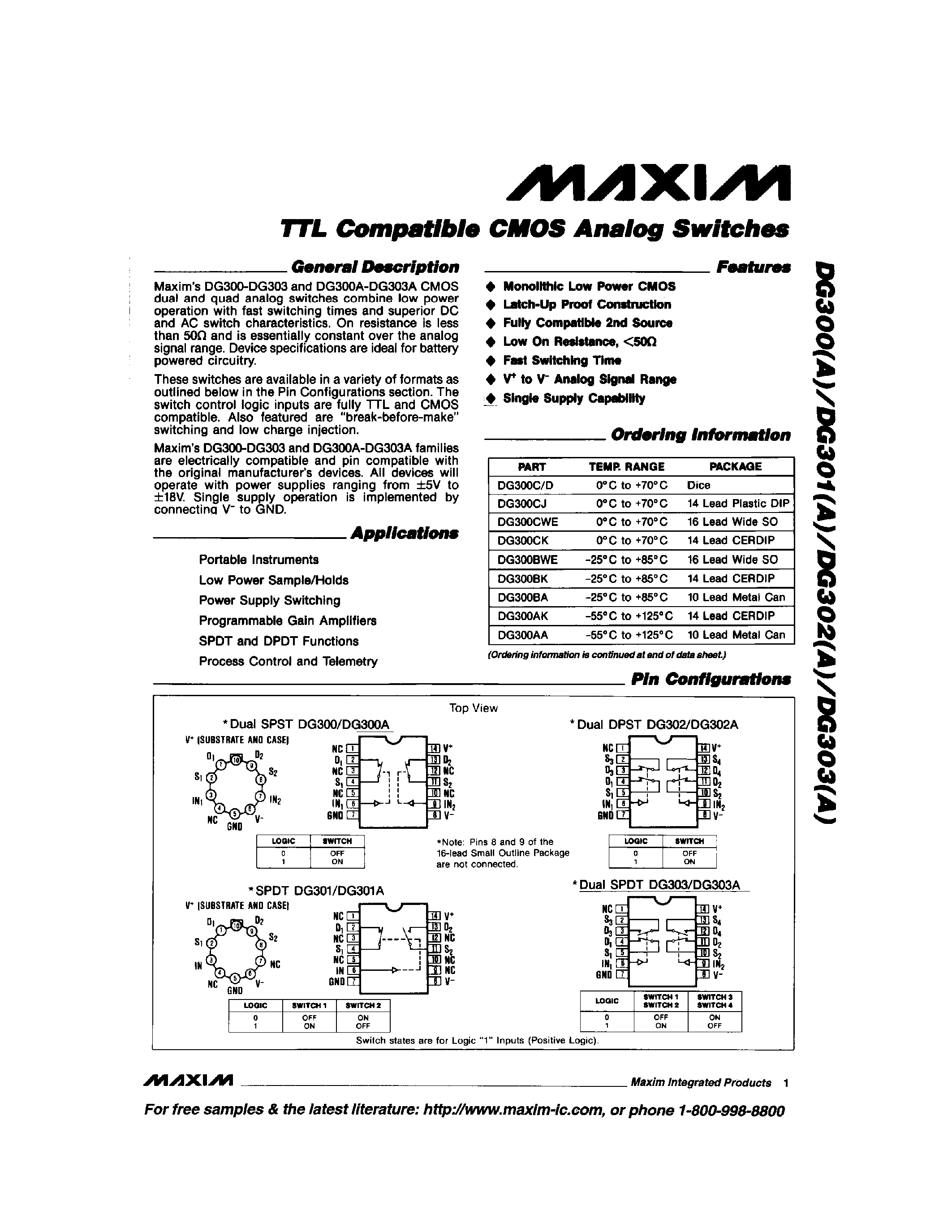 Даташит DG302 - TTL Compatible CMOS Analog Switches страница 1