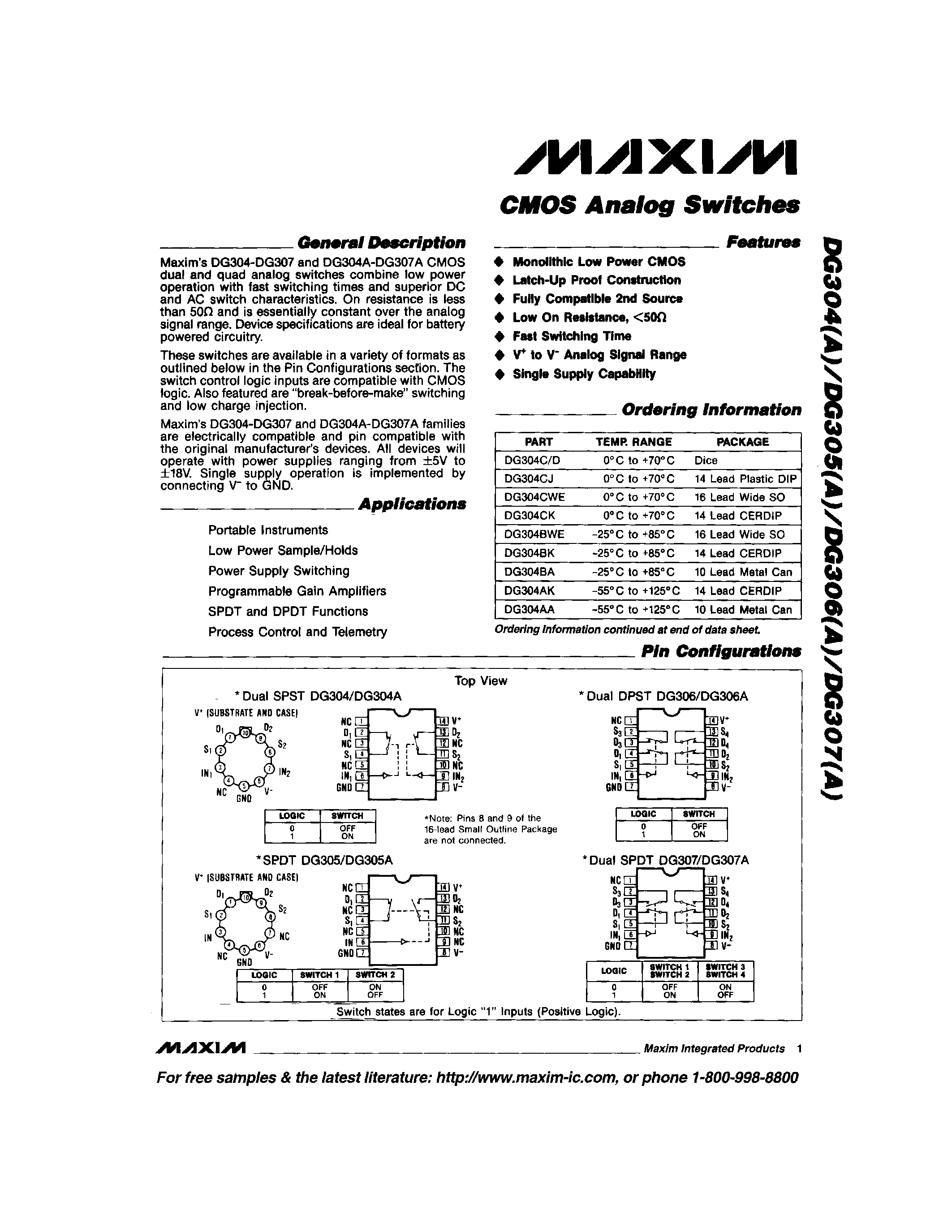Даташит на микросхему DG304ABK страница 1 Даташит DG304ABK - CMOS Analog Switchs страница 1
