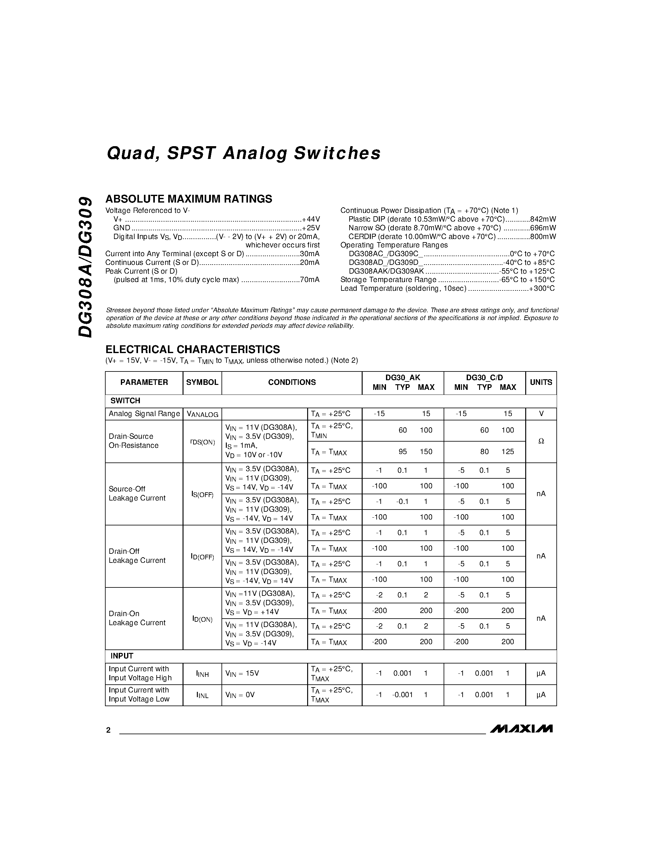 Даташит DG308A-DG309 - Quad / SPST Analog Switches страница 2