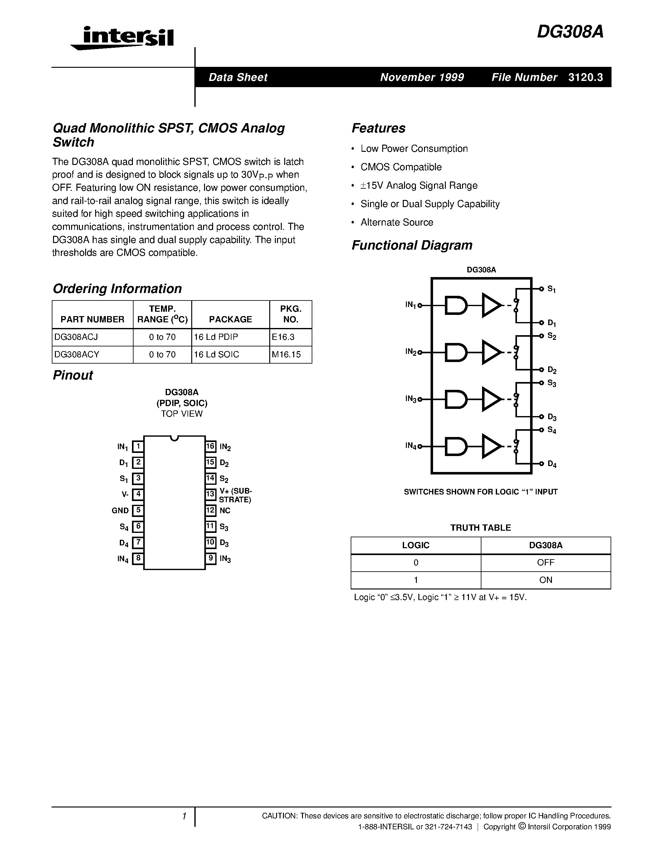 Даташит DG308ACY - Quad Monolithic SPST / CMOS Analog Switch страница 1