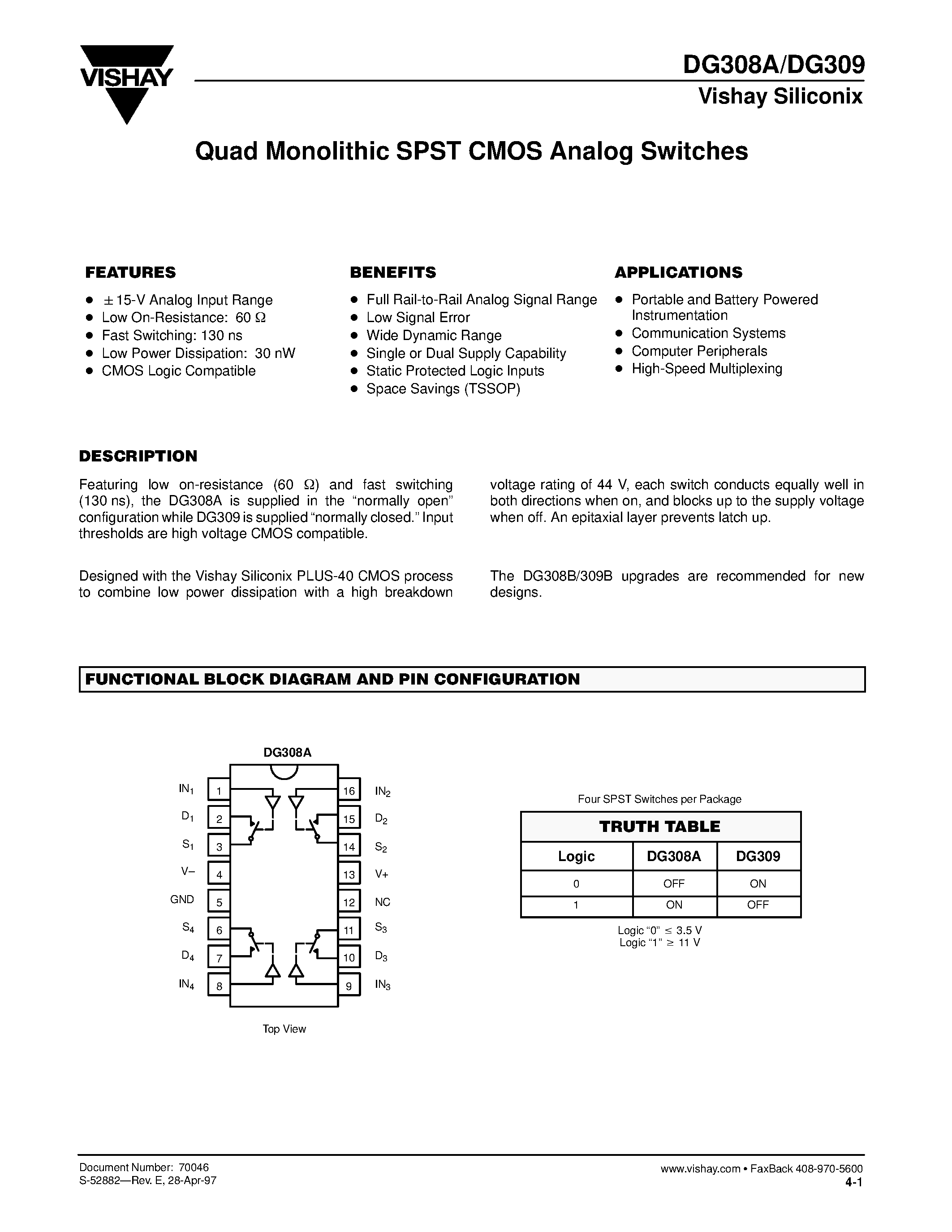 Даташит DG309AK/883 - Quad Monolithic SPST CMOS Analog Switches страница 1