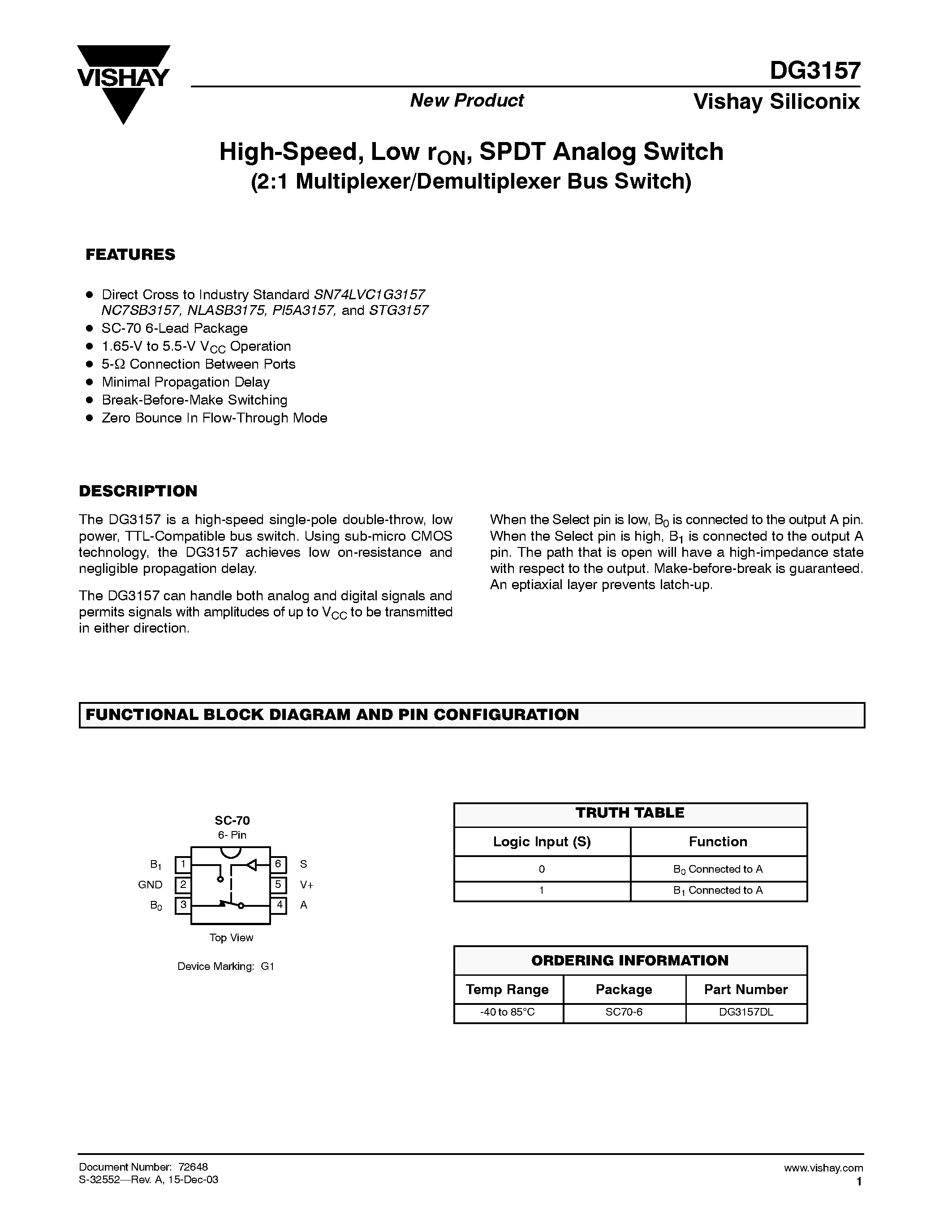 Даташит на микросхему DG3157DL страница 1 Даташит DG3157DL - High-Speed / Low rON / SPDT Analog Switch (2:1 Multiplexer/Demultiplexer Bus Switch) страница 1