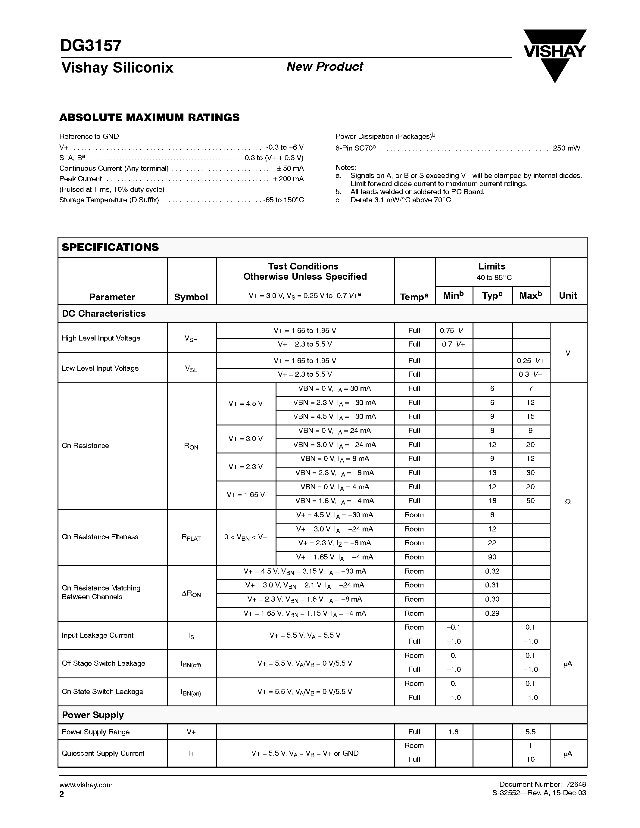 Даташит на микросхему DG3157DL страница 2 Даташит DG3157DL - High-Speed / Low rON / SPDT Analog Switch (2:1 Multiplexer/Demultiplexer Bus Switch) страница 2