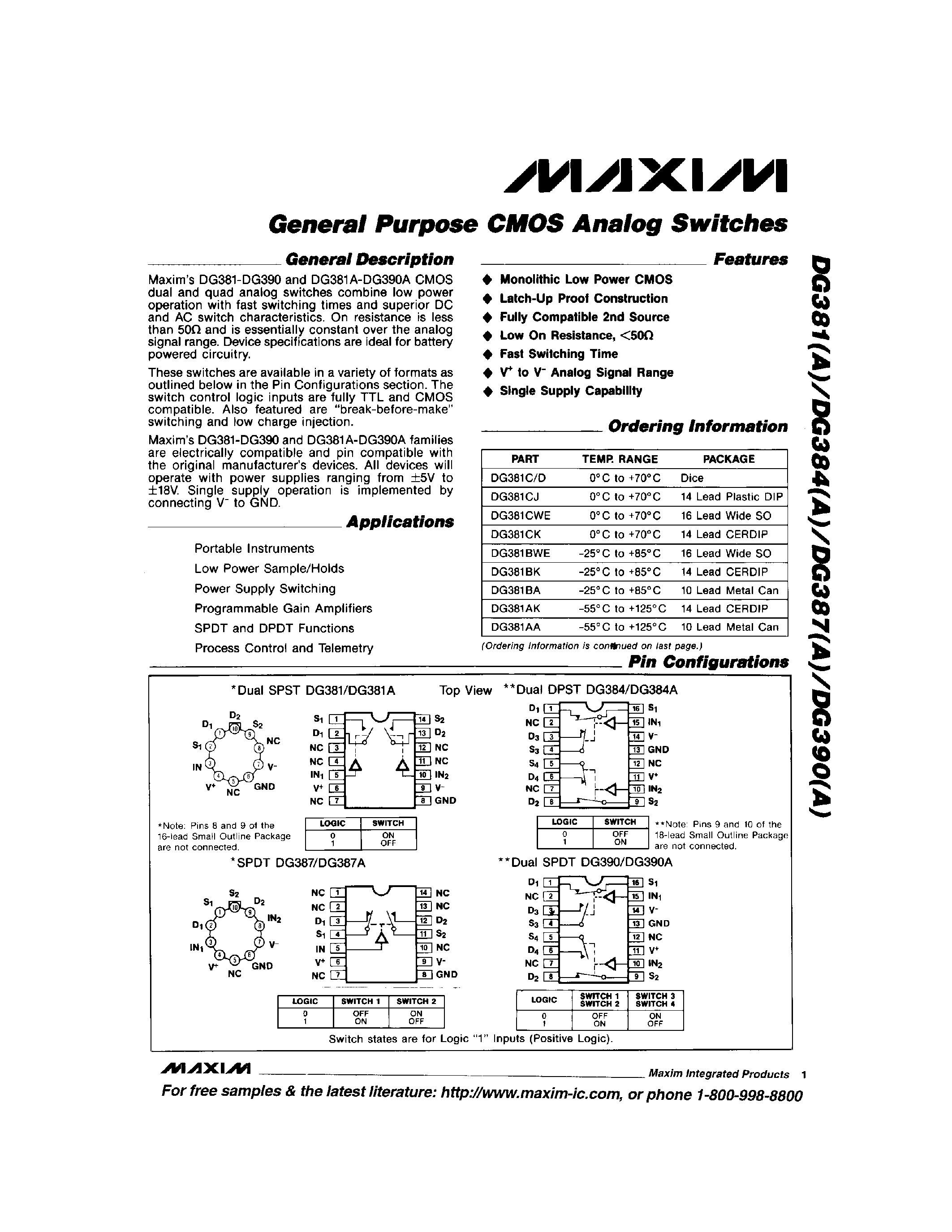 Datasheet DG381C/D - General Purpose CMOS Analog Switches page 1