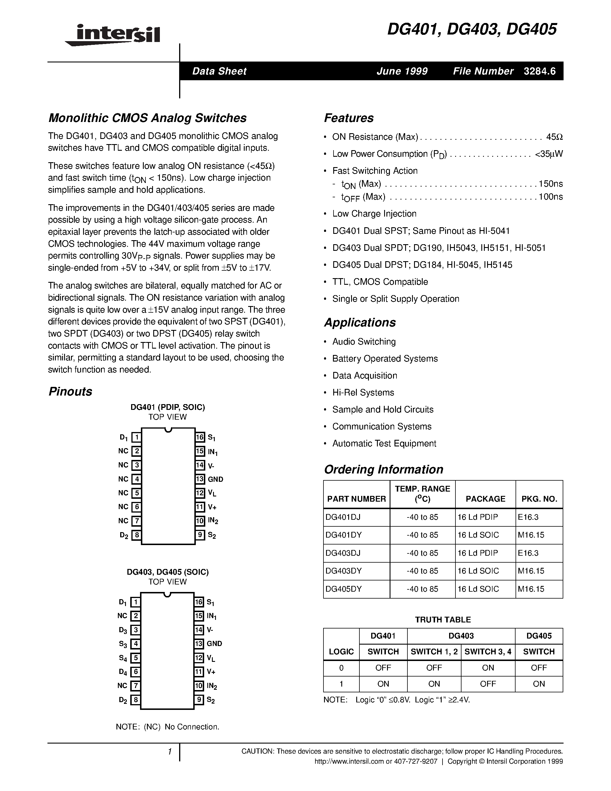 Даташит на микросхему DG401 страница 1 Даташит DG401 - Monolithic CMOS Analog Switches страница 1