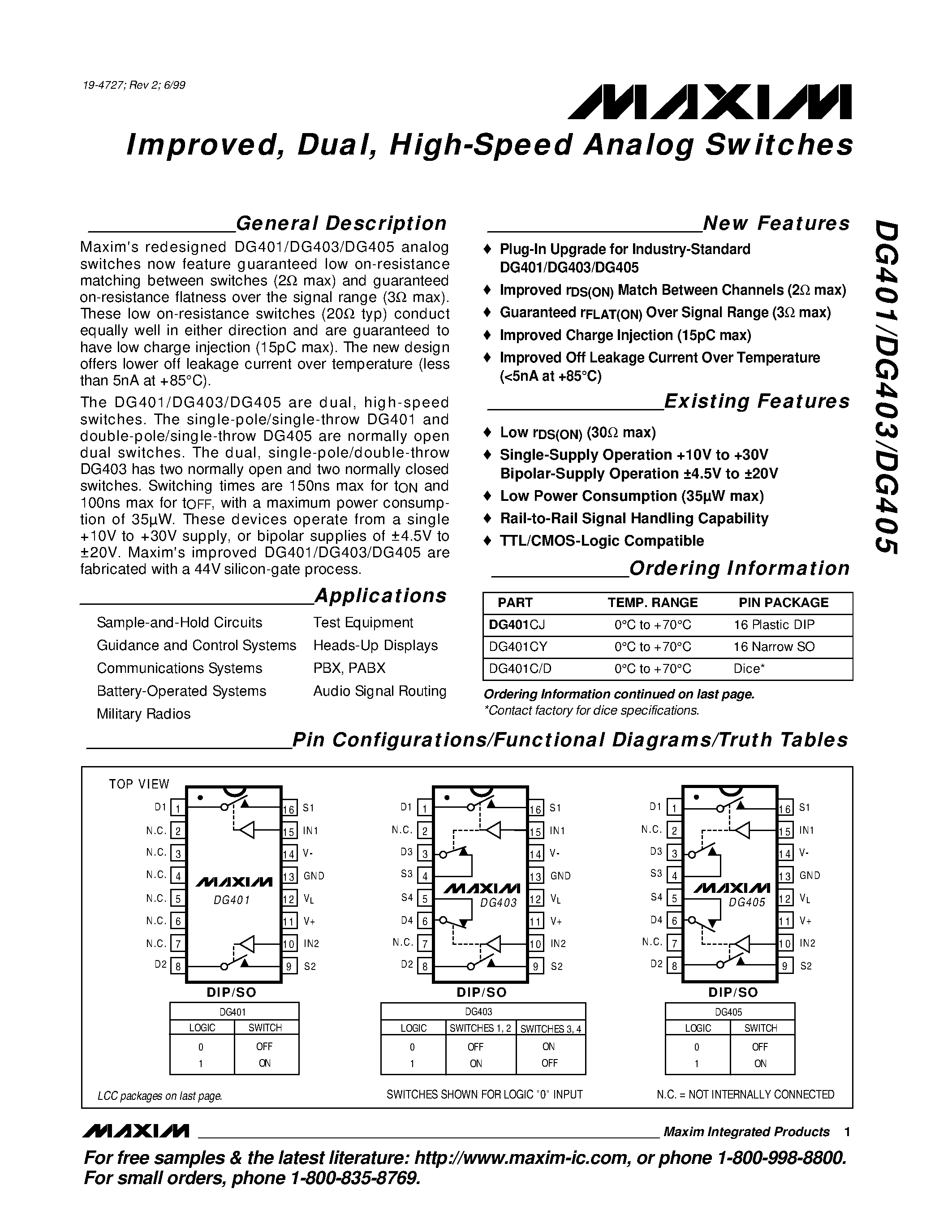 Даташит DG403CJ - Improved / Dual / High-Speed Analog Switches страница 1