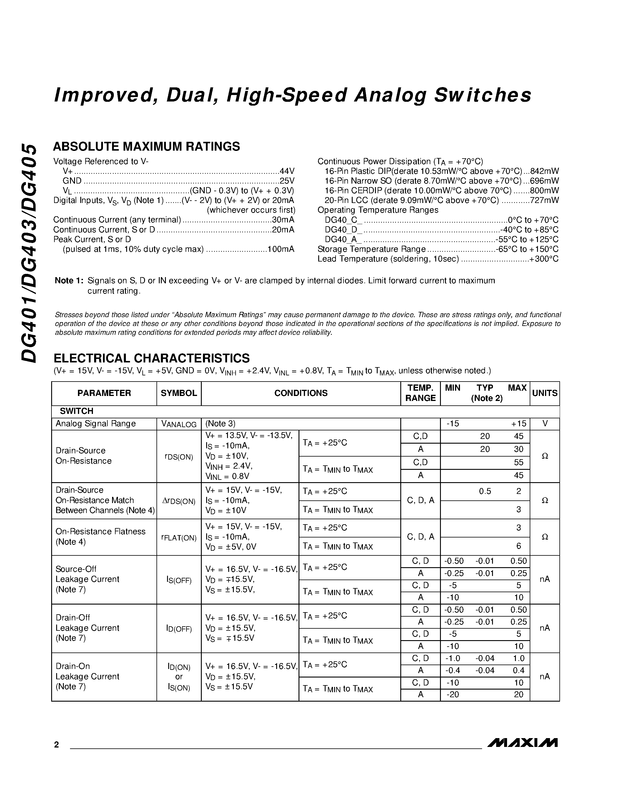Даташит DG403CJ - Improved / Dual / High-Speed Analog Switches страница 2