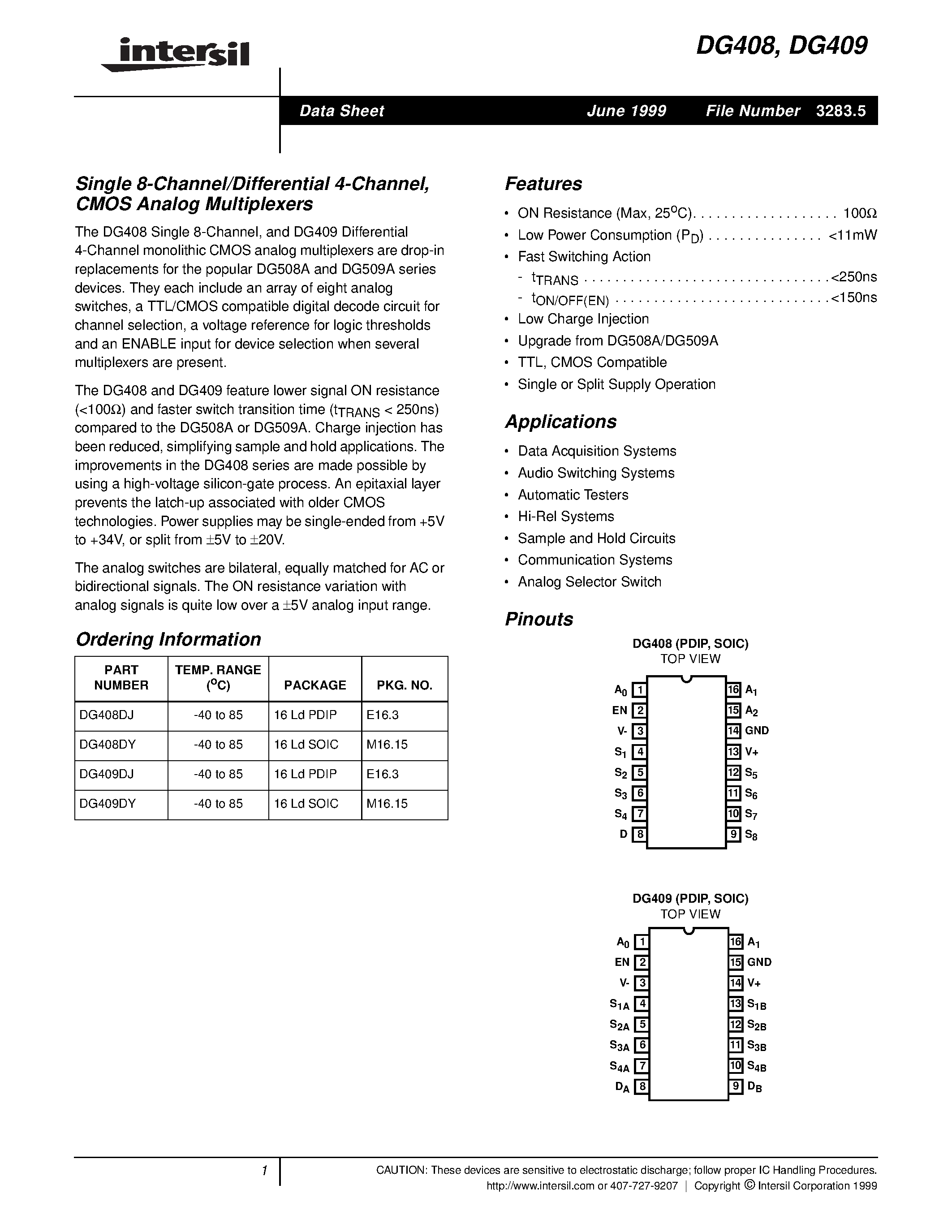 Datasheet DG409DJ - Single 8-Channel/Differential 4-Channel / CMOS Analog Multiplexers page 1