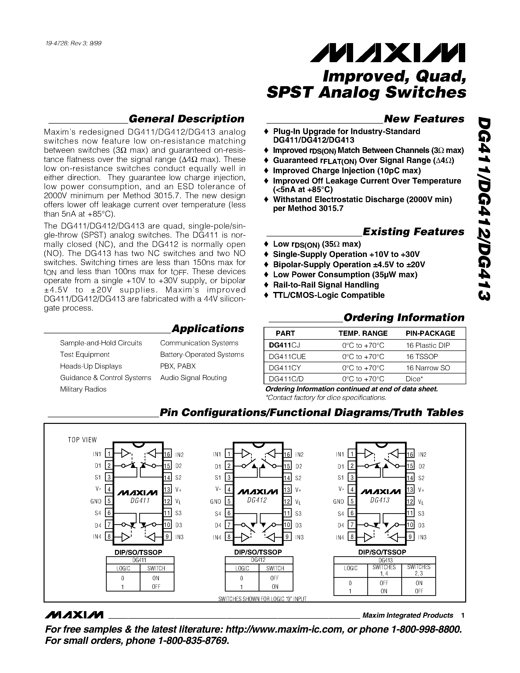 Даташит DG412DK - Improved / Quad / SPST Analog Switches страница 1