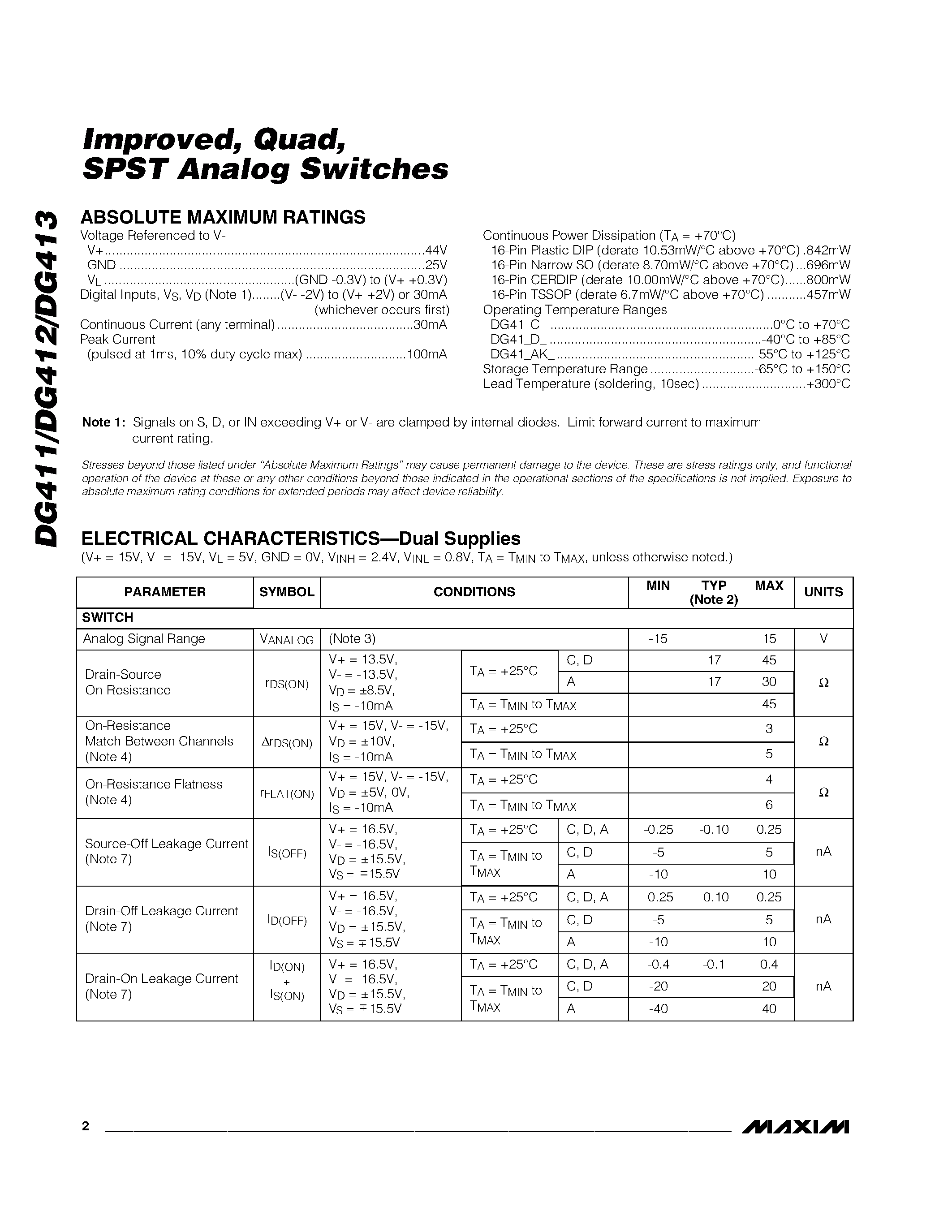 Даташит DG413DY - Improved / Quad / SPST Analog Switches страница 2